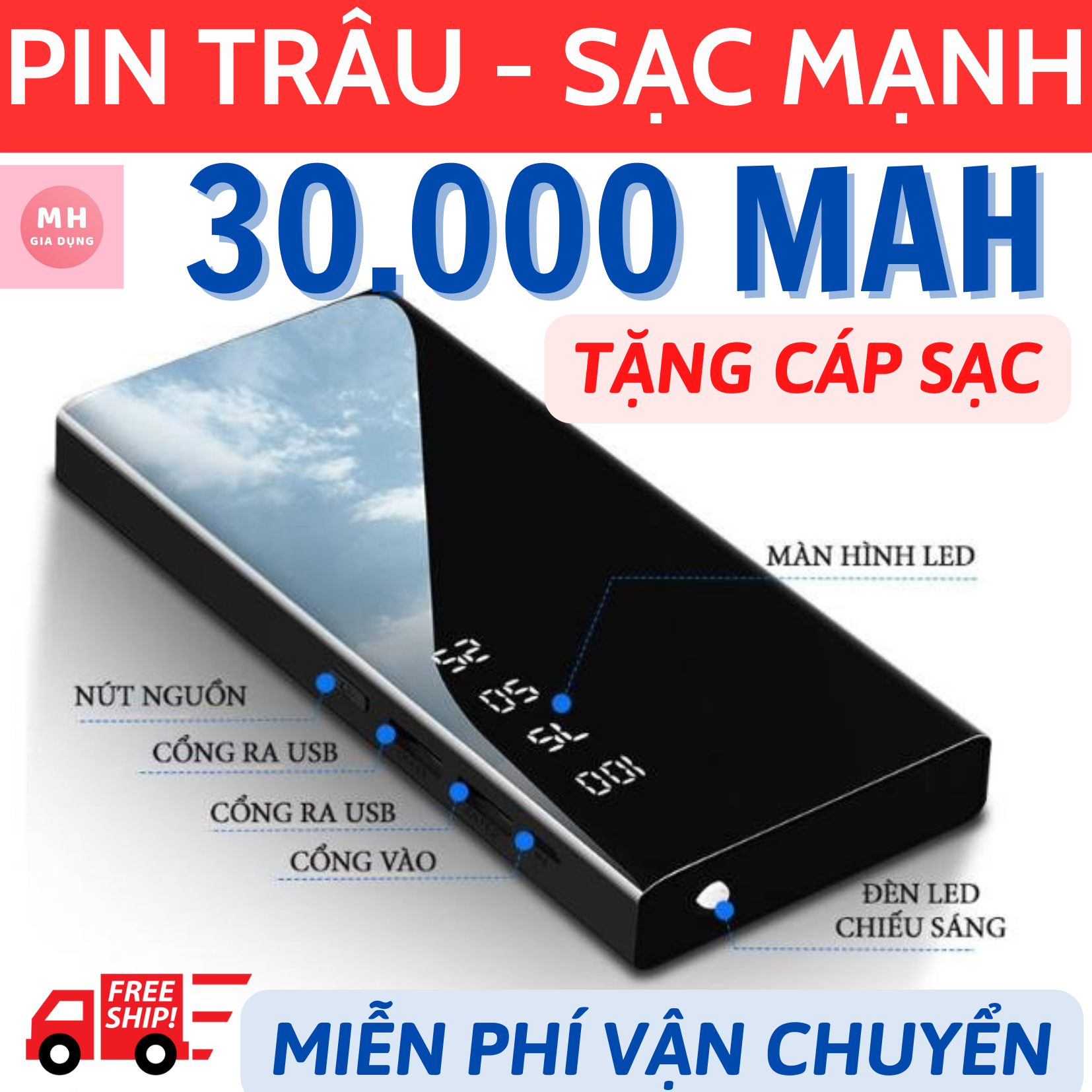 [PIN TRÂU 30000MAH - TẶNG CÁP SẠC]  - PIN DỰ PHÒNG CAO CẤP THIẾT KẾ MÀN HÌNH GƯƠNG CỰC SANG TRỌNG - 2 CỔNG SẠC NHANH + ĐÈN LED SIÊU SÁNG TẦM NHÌN TỐT - SẠC DỰ PHÒNG AN TOÀN CHO MỌI DÒNG ĐIỆN THOẠI