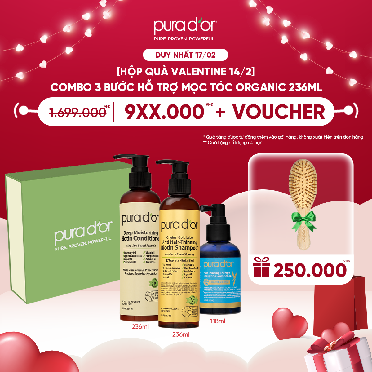 [Hộp quà valentine 14/2] Combo 3 Bước dầu gội, dầu xả và tinh chất Hỗ Trợ Giảm Rụng Tóc, Chăm Sóc Da Đầu, Hỗ Trợ Mọc Tóc Biotin Gold Label PURA DOR 236ML Organic