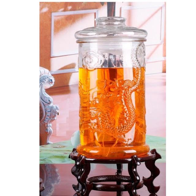 Bình ngâm rươu sâm thủy tinh 10 lít dáng trụ hoa văn rồng - không van