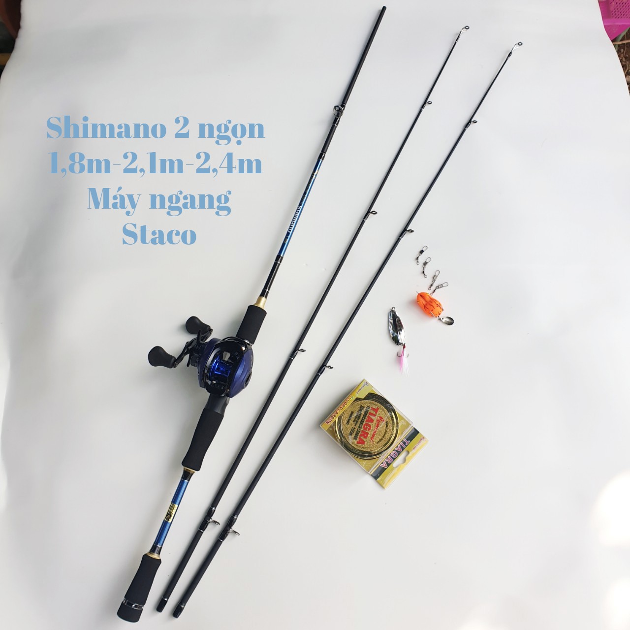 Bộ cần câu lure cao cấp cacbon shimano 2 ngọn máy ngang Staco kèm phụ kiện