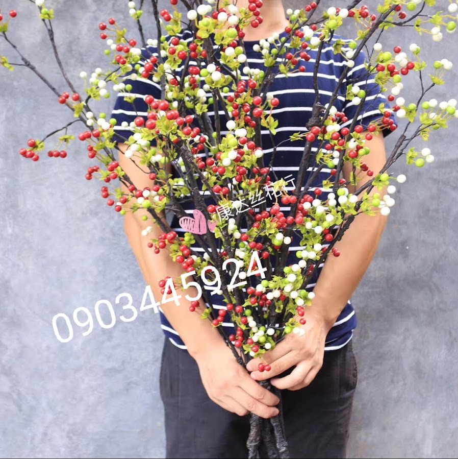 Sỉ cành Cherry điểm Trắng xịn dày cao 90cm- Cành quả xốp