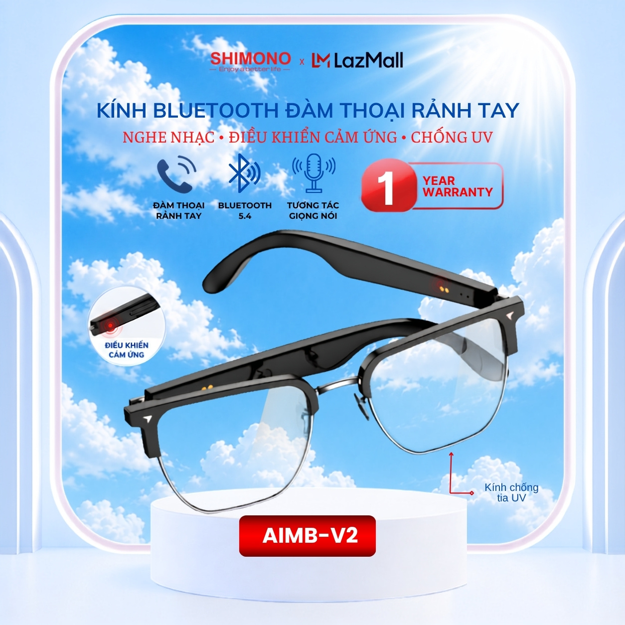 Kính Thông Minh Bluetooth SHIMONO AIMB-V2 Nghe Nhạc OpenEar, Đàm Thoại Rảnh Tay, Điều Khiển Cảm Ứng, Thay Tròng Cận Tặng 1 Nam Bảo Hành Chính Hãng