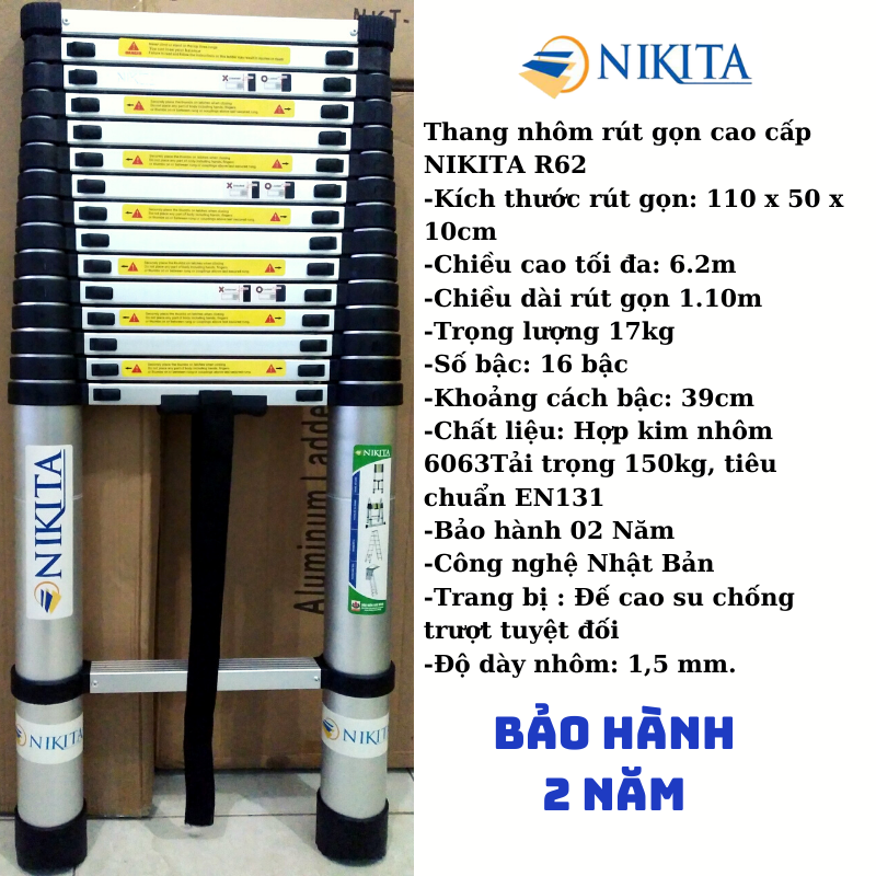 Thang nhôm rút đơn 6,2m Nikita Nhật Bản KN-R62, thang rút đơn tải trọng 150kg chịu bền chịu nhiệt tiêu chuẩn châu âu