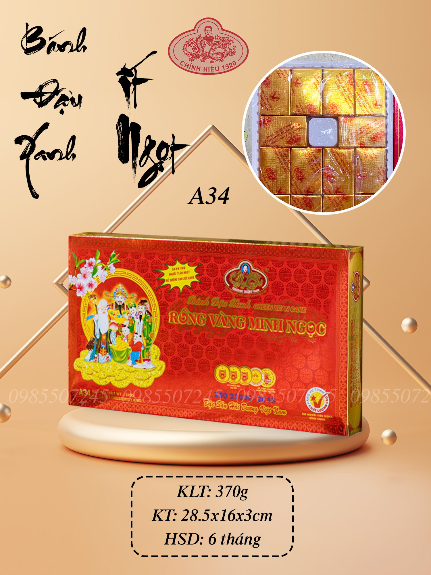 Bánh đậu xanh ít đường rồng vàng Minh Ngọc A34 370g