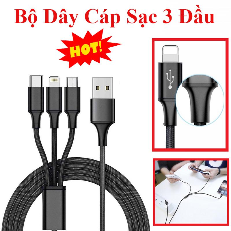 Cáp Sạc-Bộ Dây Cáp Sạc 3 Đầu-Thiết Kế Đẹp Mắt, Tinh Tế, Tiện Dụng-Hỗ Trợ Sạc Nhanh-Tương Thích Nhiều Thiết Bị Chân Cắm TypeC, Lingtning, Micro USB-Chất Liệu Cao Cấp Chống Đứt-Bảo Hành Uy Tín Bởi SUN GROUP