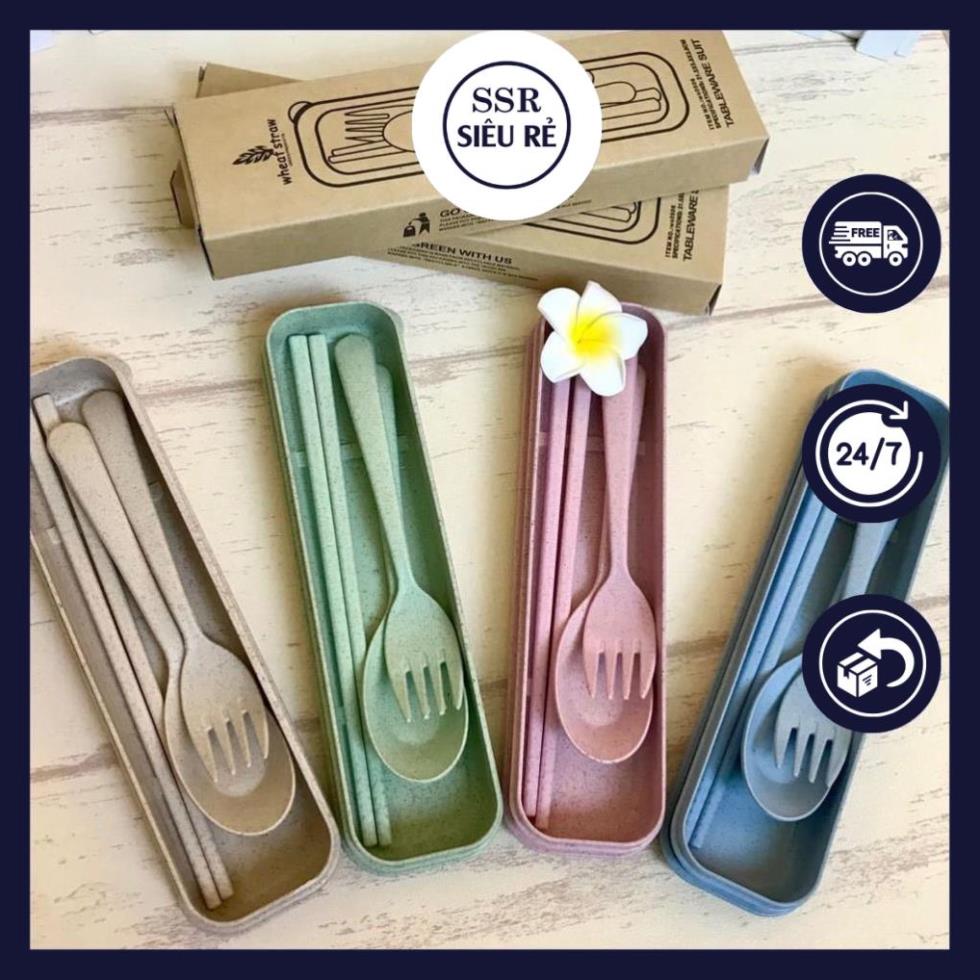 Bộ hộp 3 món đũa, thìa , dĩa bằng lúa mạch màu pastel
