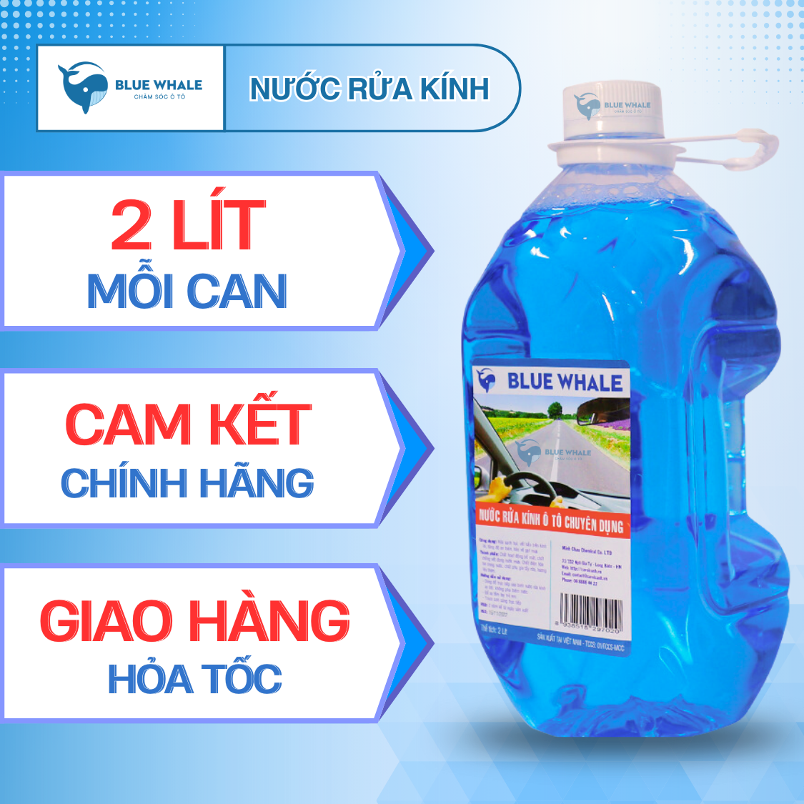 Nước rửa kính ô tô BlueWhale 2L đổ trực tiếp, xóa sạch mọi vết bẩn bề mặt kính lái, hiệu ứng lá sen