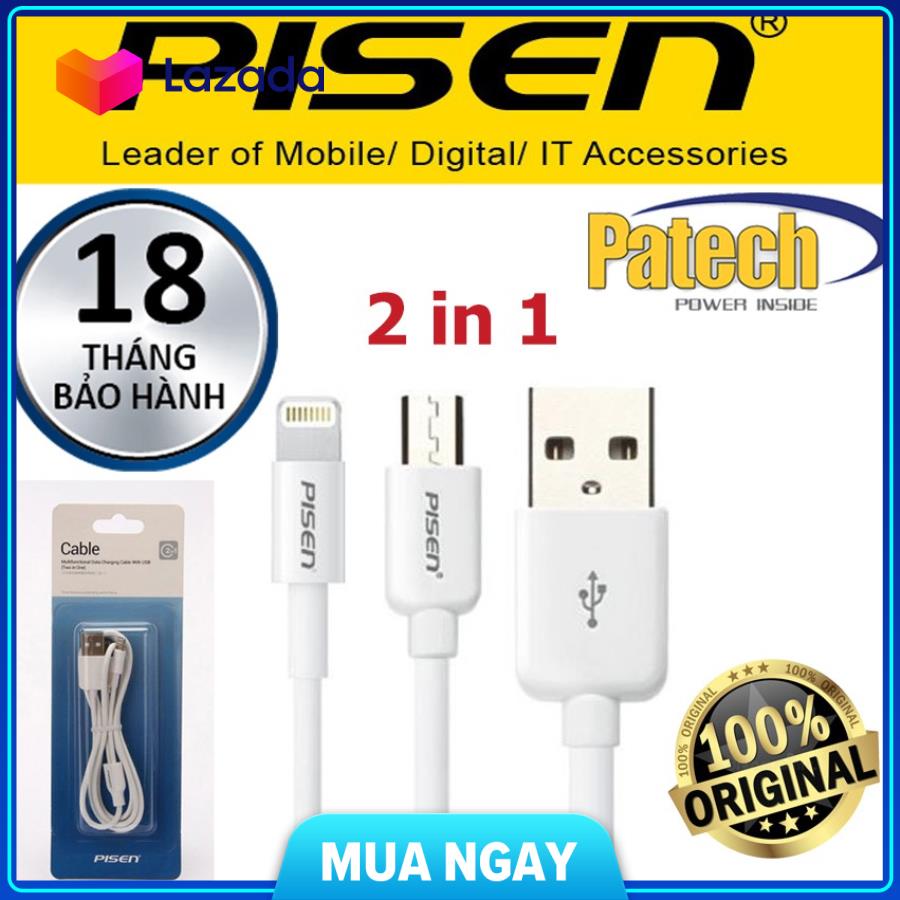 Cáp sạc đa năng 2 in 1 Pisen, đầu lighting và đầu Micro usb, Patech phân phối bảo hành Toàn Quốc 18 tháng.