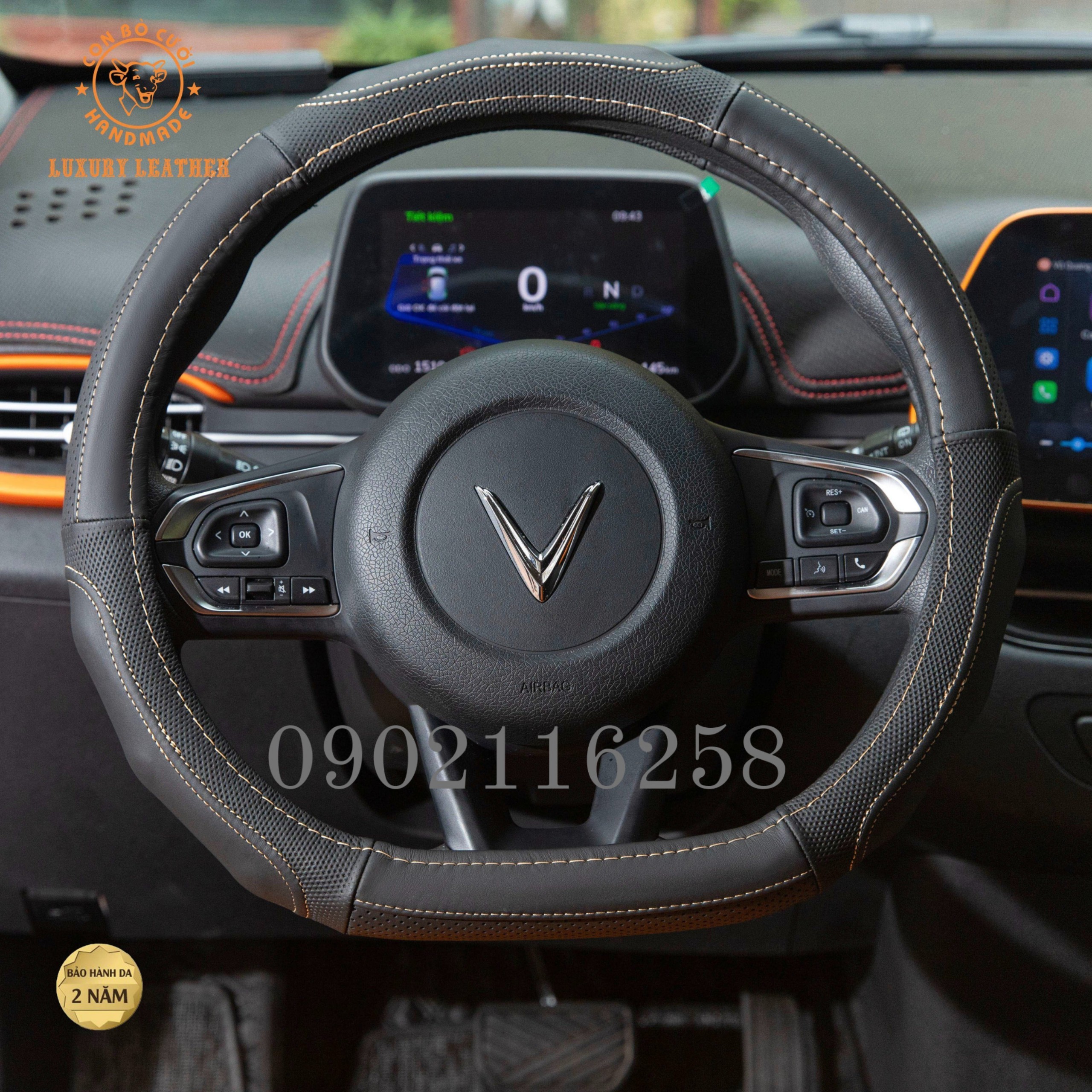 Bọc vô lăng da thật dùng cho xe ô tô điện VINFAST : VF5, VFE34, VF8, VF9, Da thật, bảo hành da 2 năm