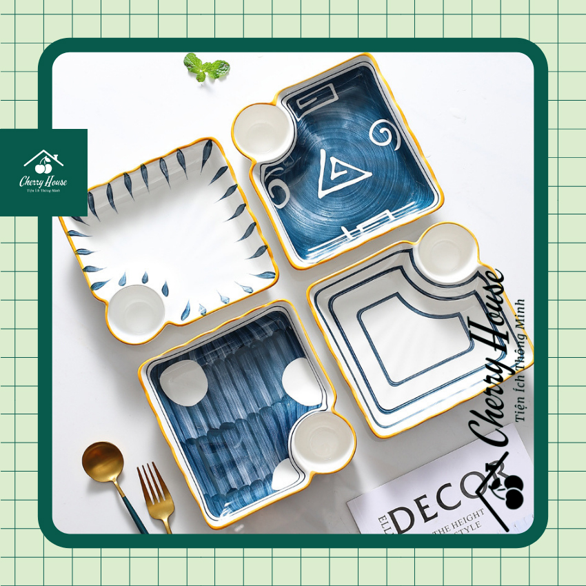 [FreeShip] Bộ Dĩa đĩa sứ vuông kiểu Nhật có khay chấm CHERRY HOUSE CHDS01 đĩa vuông sứ sâu lòng có ngăn đựng sốt trang trí và đựng thức ăn hàng cao cấp hoạ tiết sáng tạo