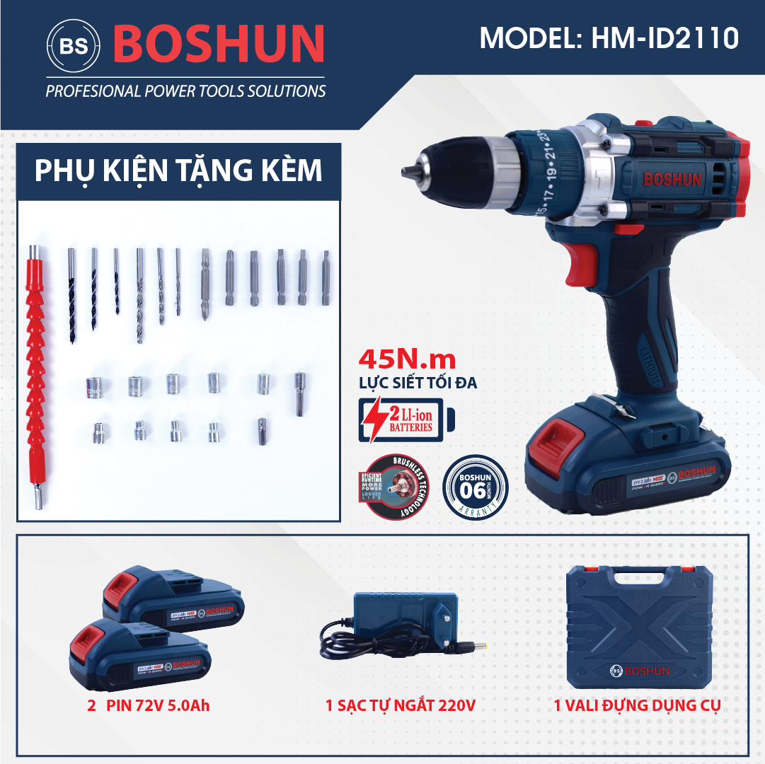 Tặng Kèm Bộ Phụ Kiện 24 Chi Tiết Máy Khoan Pin Boshun 10mm BSID2110 Động Cơ Không Chổi Than Máy Bắn Vít Khoan Tường Lực Xoắn 45nm Lõi Đồng 100 BẢO HÀNH 12 THÁNG