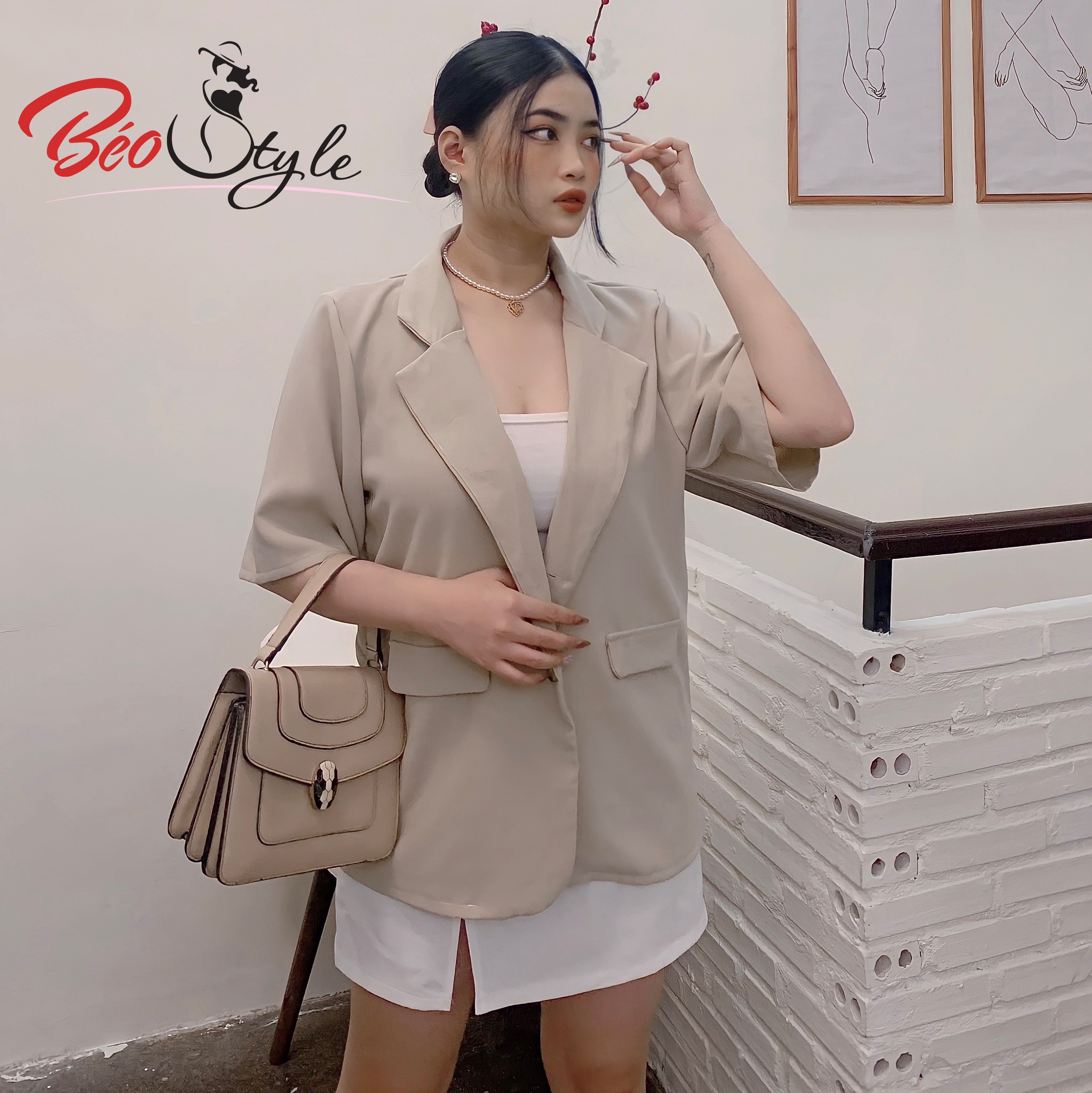Áo blazer BIGSIZE cổ vest tay cộc AKBS023 Béo Style cho người béo mập 55-100kg - Phù hợp đi tiệc, công sở hoặc đi chơi