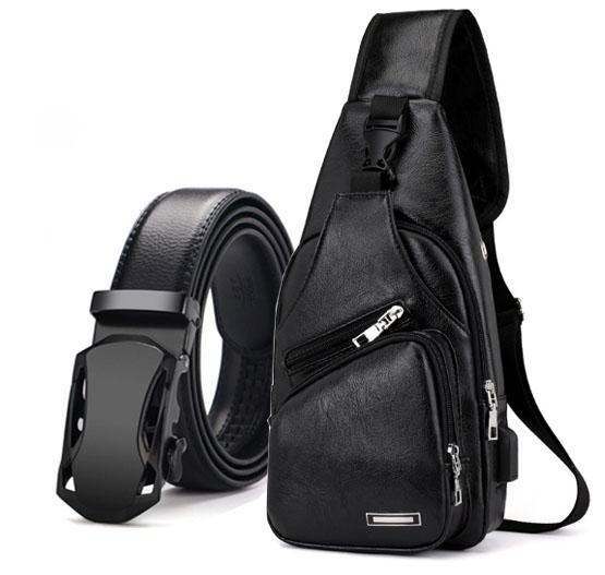 Combo Túi da đeo chéo DC297 Thắt Lưng da nam MP02 (đen)