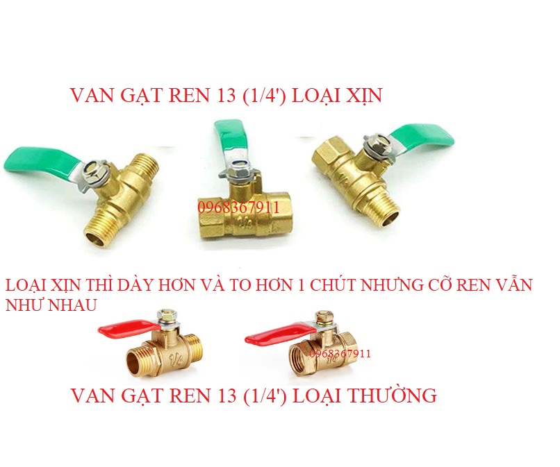 Van gạt khóa máy nén khí, van khóa 1/4 loại ren 13mm, Van bi tay gạt đồng khóa mở khí nén