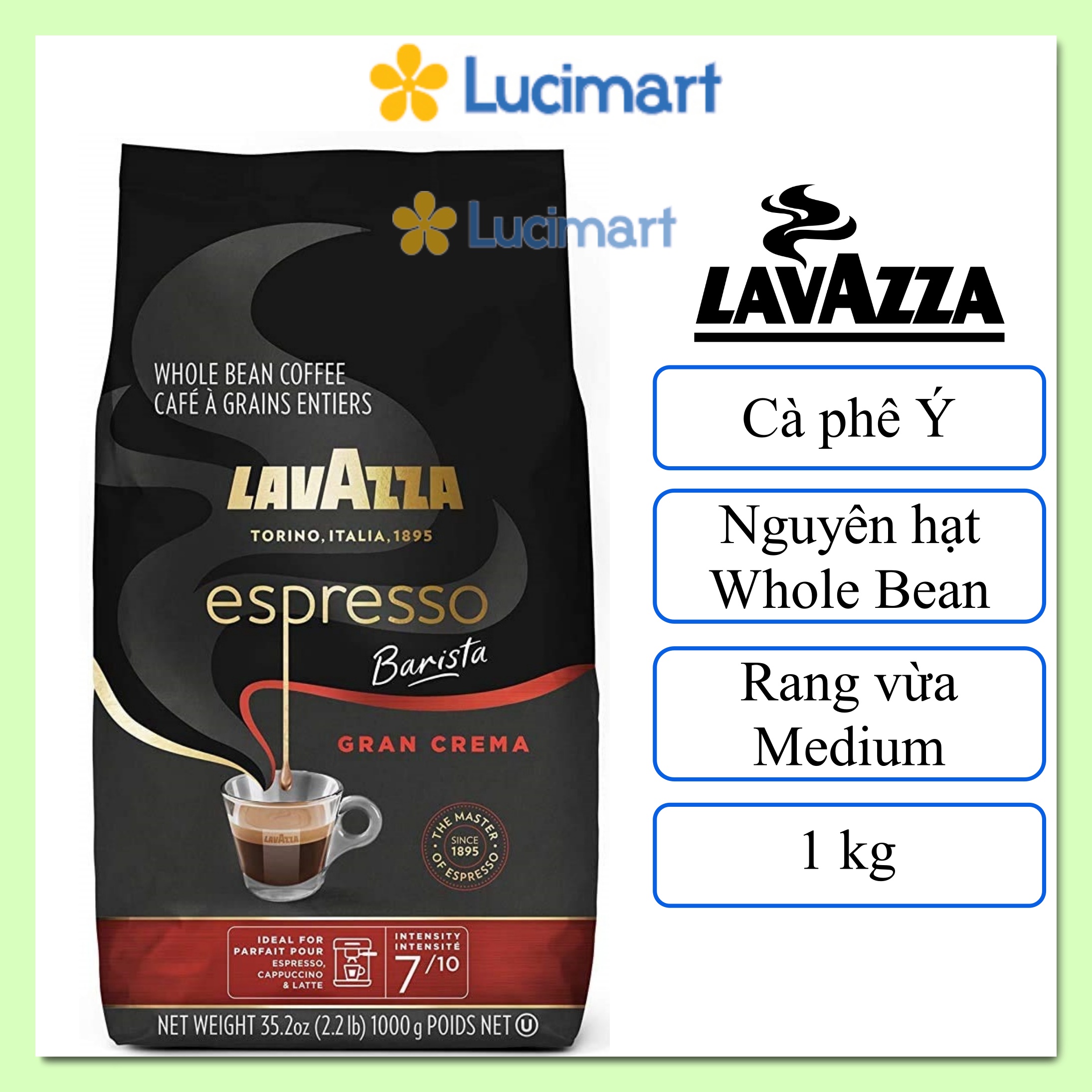 Cà phê Ý Lavazza Espresso Gran Crema nguyên hạt Whole Bean gói 1kg Hàng Mỹ