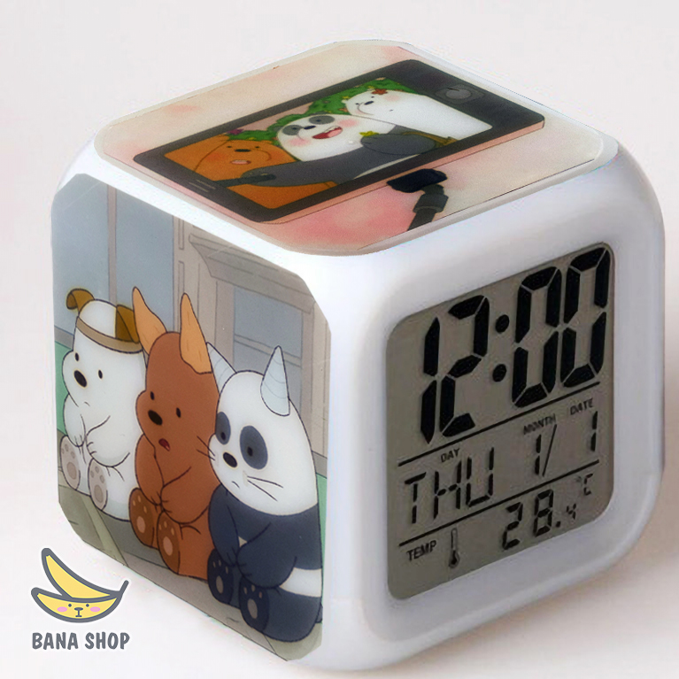 Đồng hồ báo thức kiêm đèn ngủ LED anh em gấu We bare bear Chúng tôi đơn giản là gấu - Cảm Biến Ánh Sáng, Nhiệt Độ