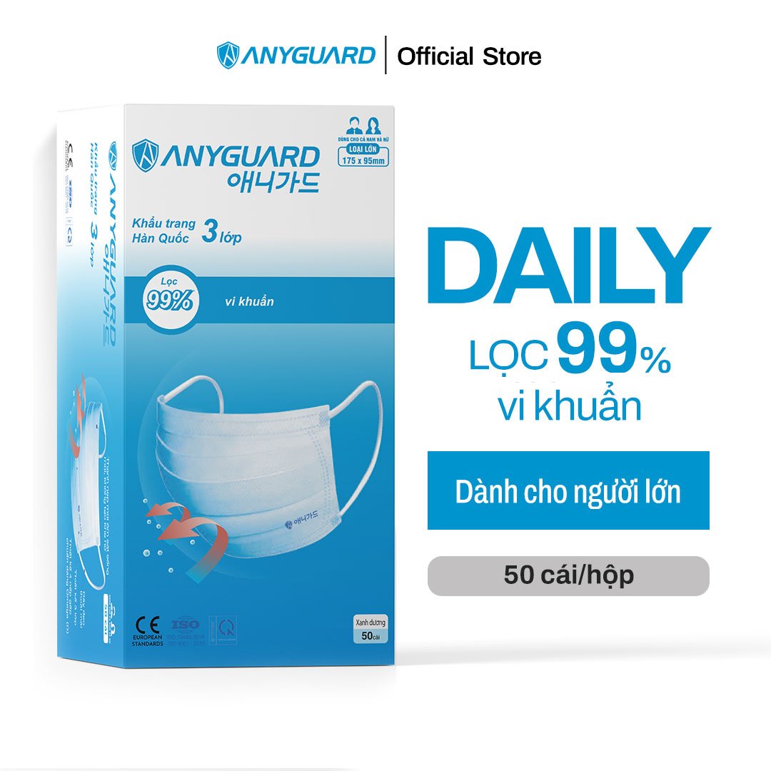  Khẩu Trang Y Tế Hàn Quốc 3 Lớp Kháng Khuẩn 99% Chính Hãng ANYGUARD Quai Đeo Mềm Dành Cho Da Nhạy Cảm Hộp 50 Cái Màu Xanh 