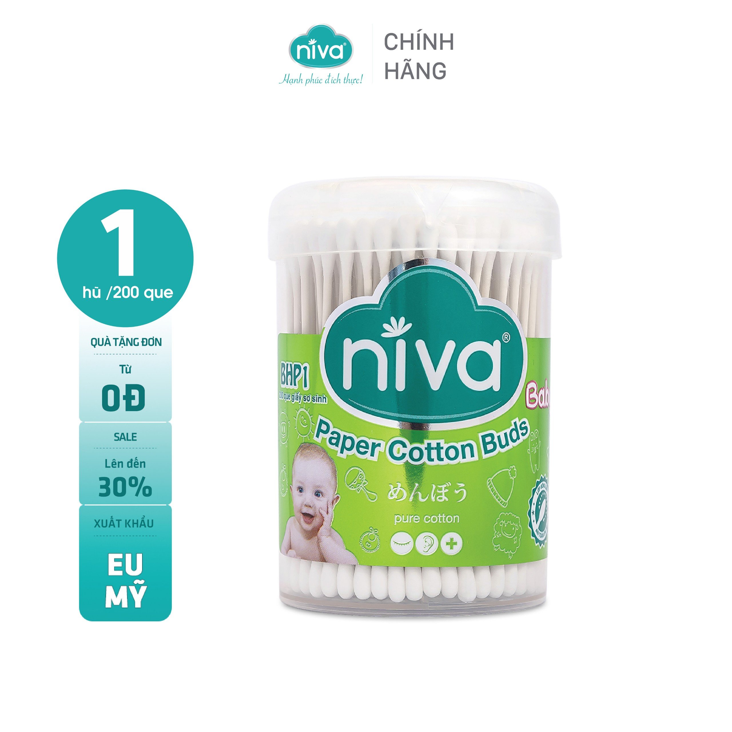 Hũ Tăm Bông Niva Cho Trẻ Sơ Sinh Hũ Xoay 200 Que Thân Giấy BHP1 Bông Tự Nhiên Kháng Khuẩn An Toàn, Thân Thiện Môi Trường