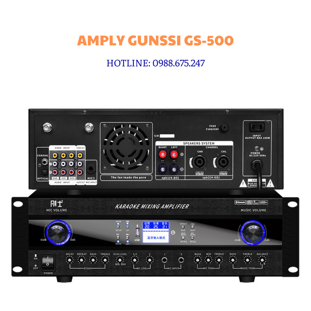 Amply GUNSSI GS- 500 kèm micro và điều khiển từ xa, Amply liền vang kết nối Bluetooth hát karaoke chuyên nghiệp.