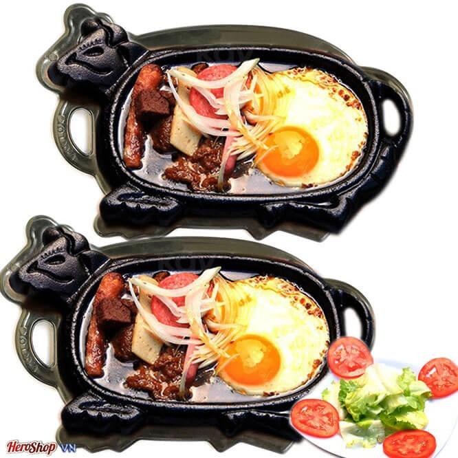 Bộ 2 Chảo Gang Làm Bò Né Chống Dính Kèm Đế Bò Cách Nhiệt ( Gang Dày Nặng )