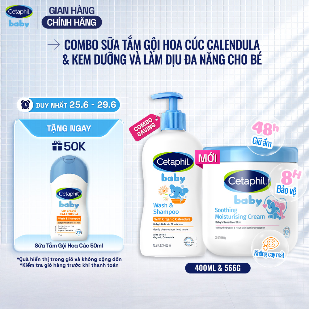 Combo Sữa tắm dưỡng ẩm dịu lành cho bé với Calendula hoa cúc hữu cơ CETAPHIL BABY WSHAMPOO CALENDULA 400ML  Kem làm dịu và dưỡng ẩm cho bé Cetaphil Baby Soothing  Moisturising Cream hũ 566g
