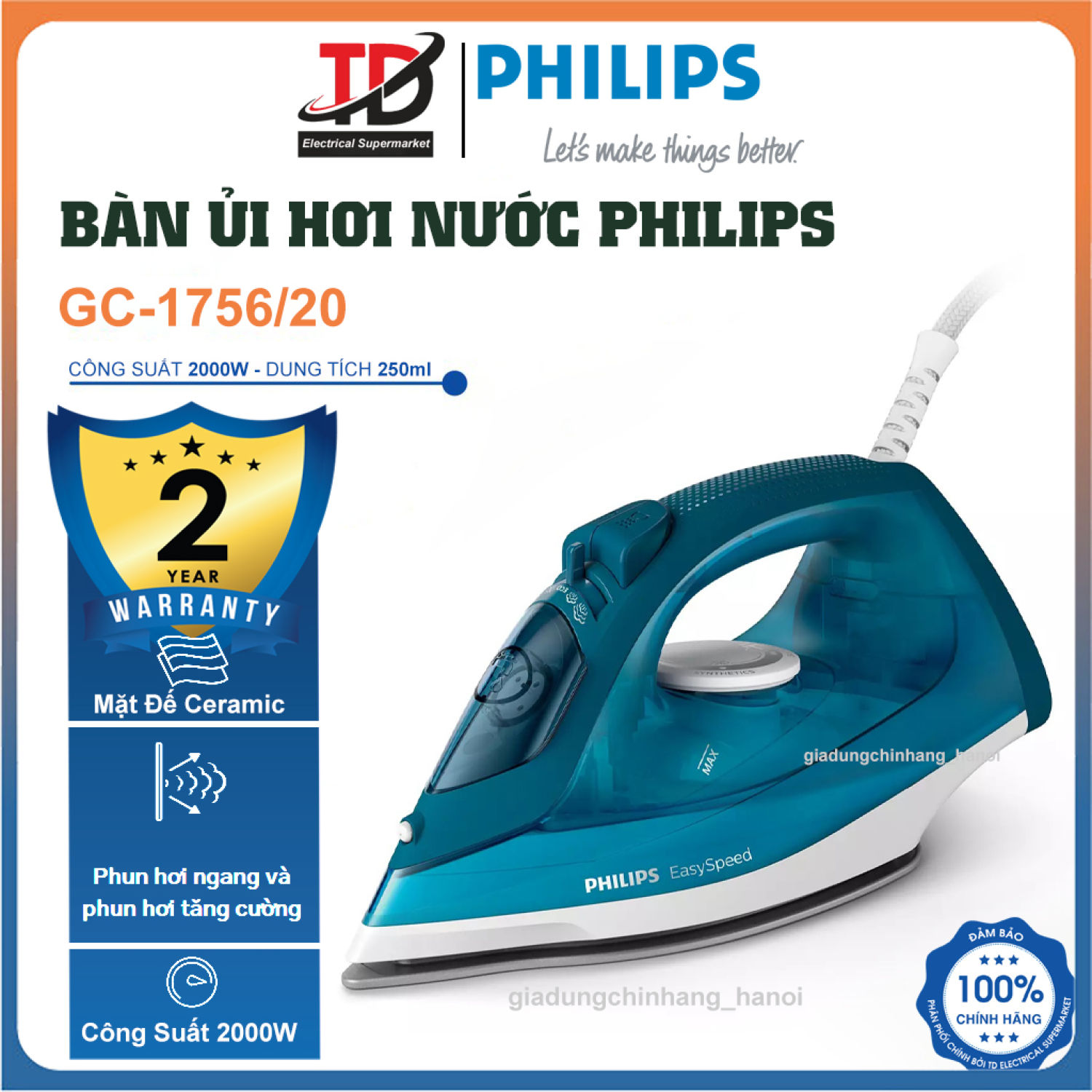Bàn ủi hơi nước philips gc1756, 2000w mặt đế ceramic, phun hơi tăng cường, hàng chính hãng