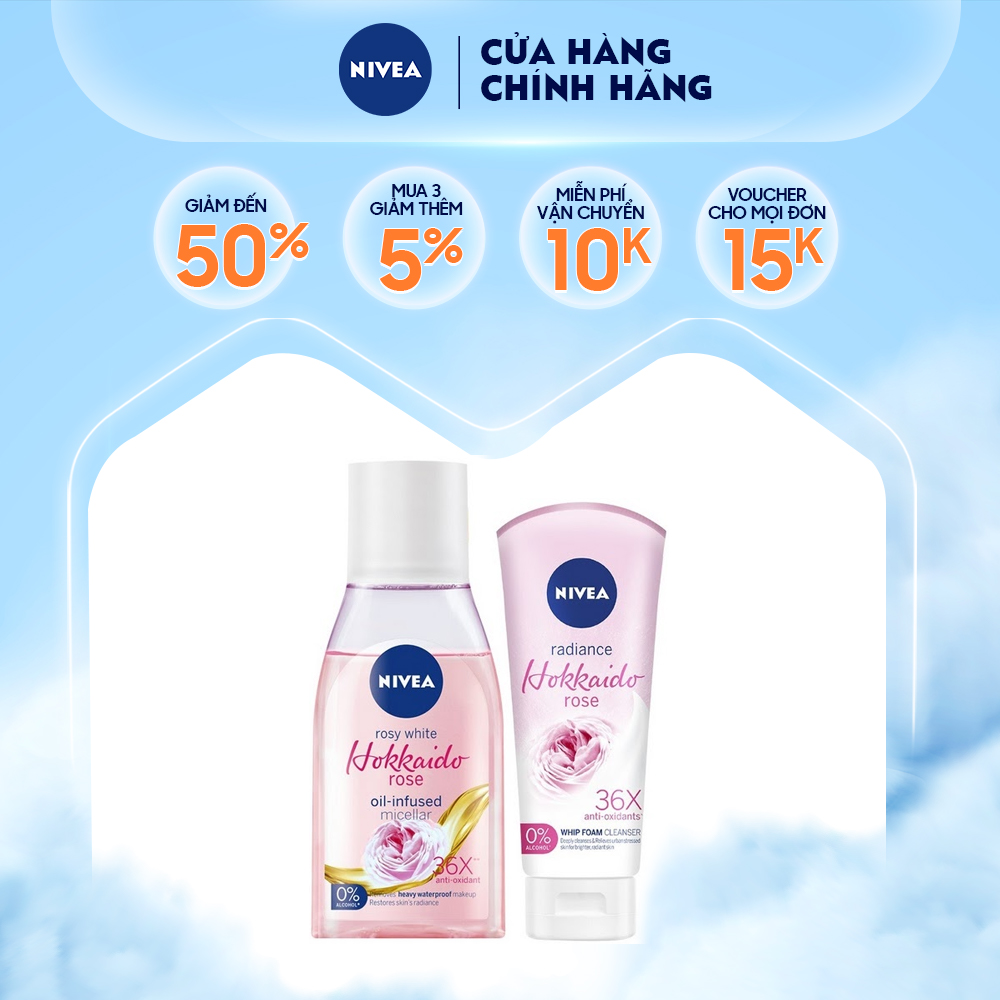 Combo Nước tẩy trang 125ml và Sữa rửa mặt tạo bọt chiết xuất hoa hồng Nivea radiance Hokkaido rose 100g