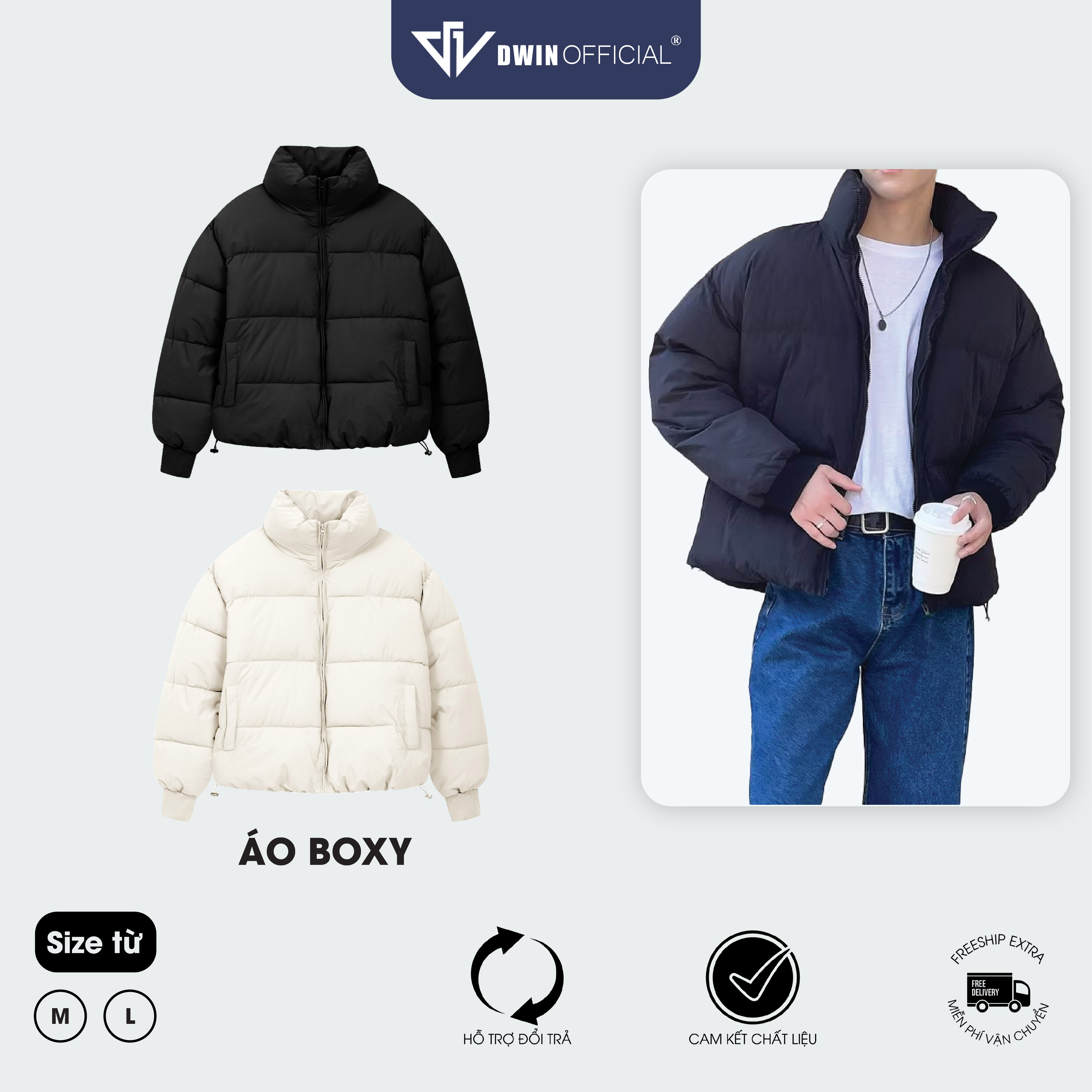 Áo khoác phao boxy nam nữ DWIN local brand dáng lửng cổ cao unisex trần bông dày dặn siêu ấm