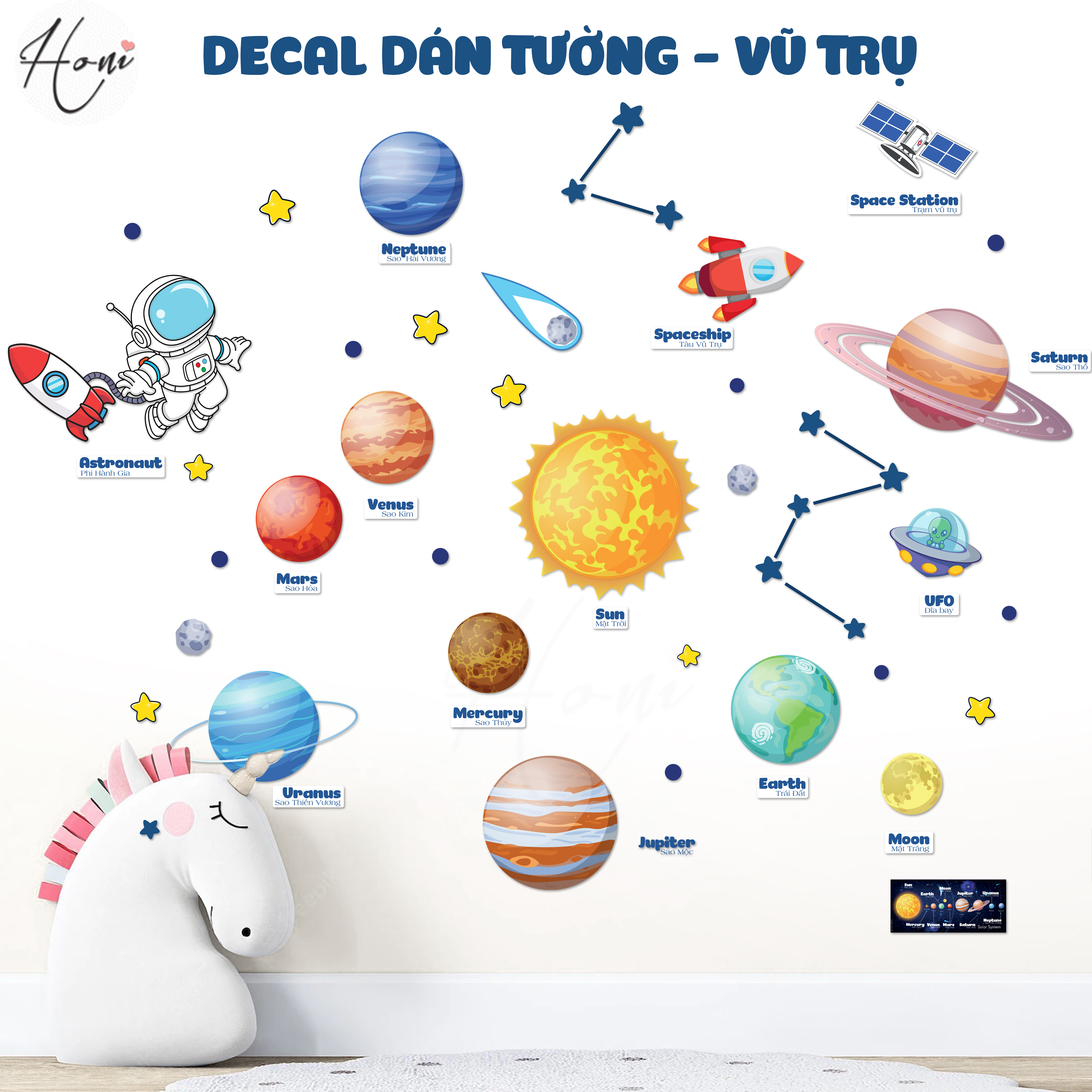 Decal vũ trụ cho bé - dán tường các ành tinh hệ mặt trời