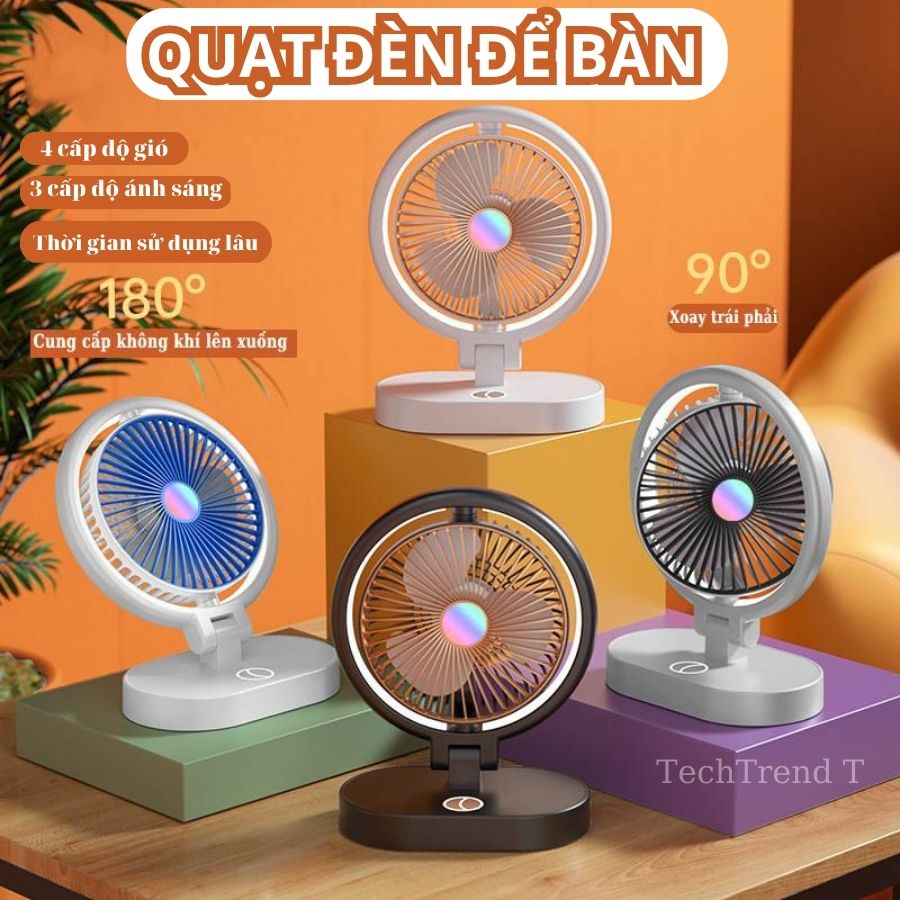 Quạt tích điện để bàn văn phòng gấp gọn, Quạt bàn mini usb nhỏ gọn tích hợp đèn ngủ dịu nhẹ 3 cấp độ ánh sáng, Quạt đèn để bàn