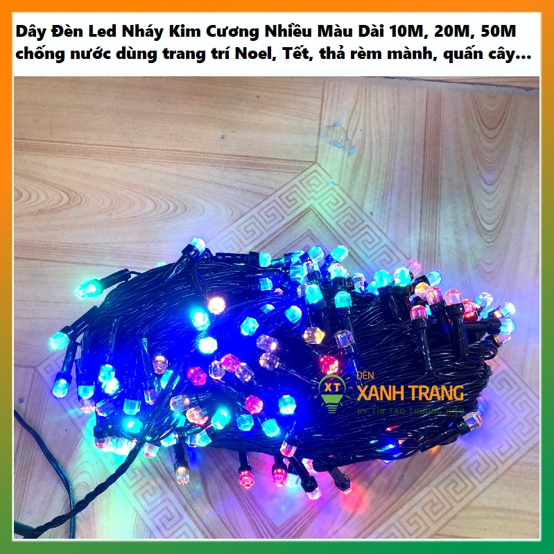 Dây Đèn Led Nháy Kim Cương Nháy Nhiều Màu Dài 10m, 20m, 50m chống nước dùng trang trí Noel, Tết, sân vườn, quấn cây ngoài trời.