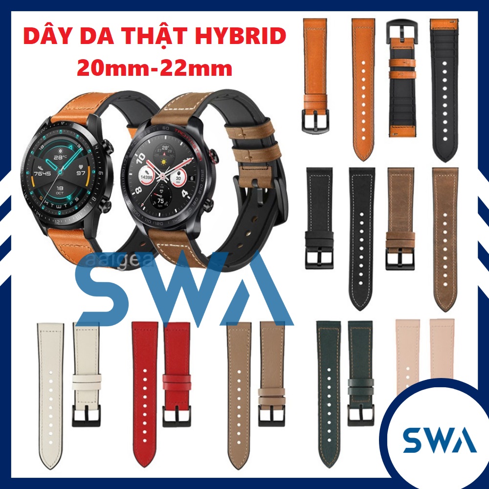 Dây da thật hybrid 20mm 22mm SWASTORE chốt thông minh, lót silicon rãnh thoáng khí, dây da thật đồng hồ, dây hybrid đồng hồ, dây da đồng hồ thông minh, dây da lót silicon, dây da đồng hồ DD01