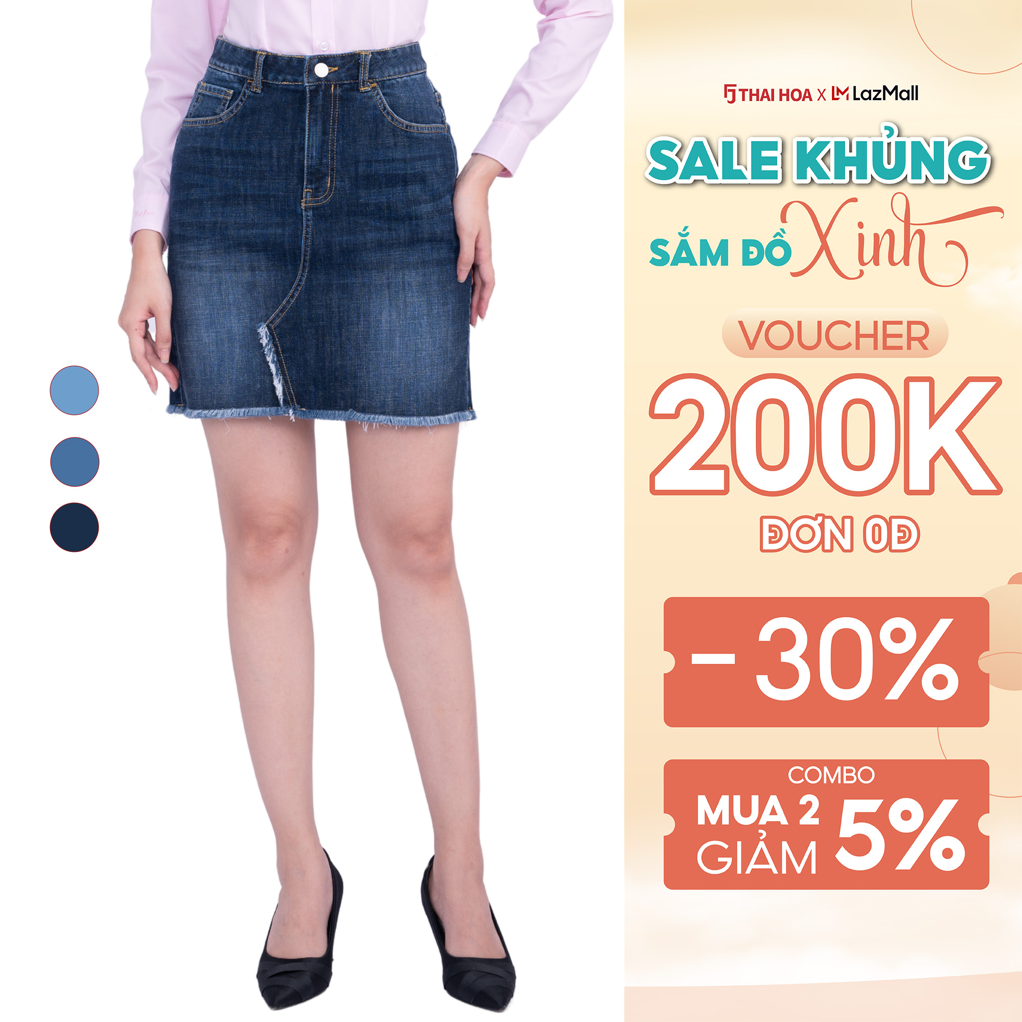 Chân váy nữ công sở dáng ngắn jean thái hòa 23cjw-101