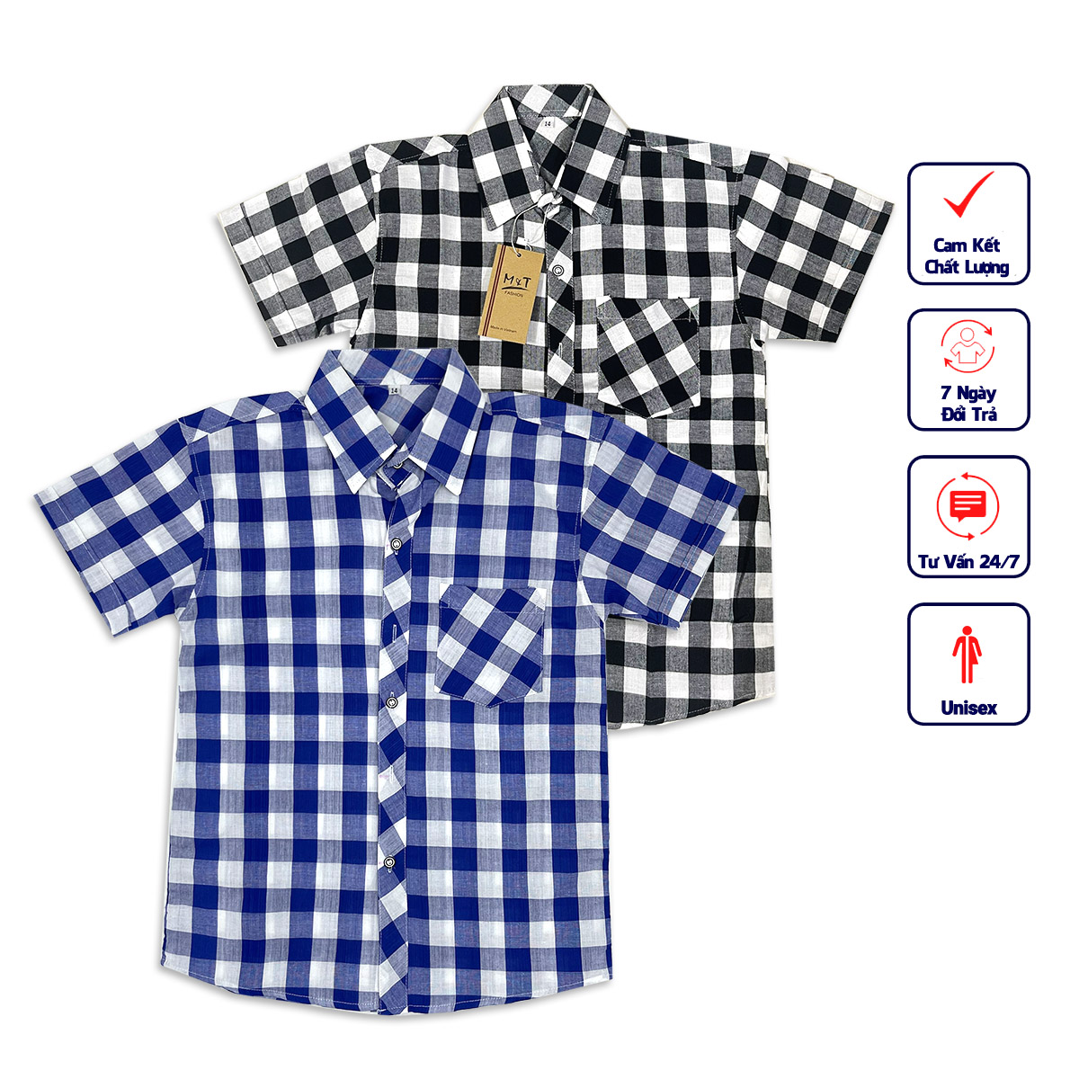 Áo sơ mi tay ngắn cho bé trai nam carô sọc xanh đậm phong cách unisex dễ phối đồ với kaki quần sọt CXX03 - cho bé từ 3 đến 14 tuổi