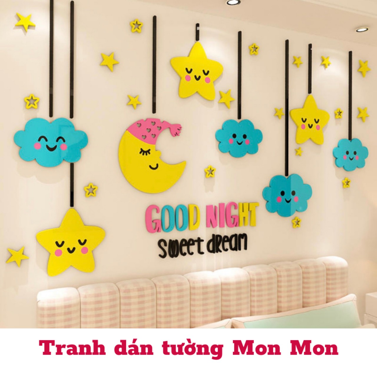 Tranh dán tường Mon Mon - Decal mica 3D chúc bé ngủ ngon, sweet dream, tranh dán tường trang trí phòng ngủ dễ thương