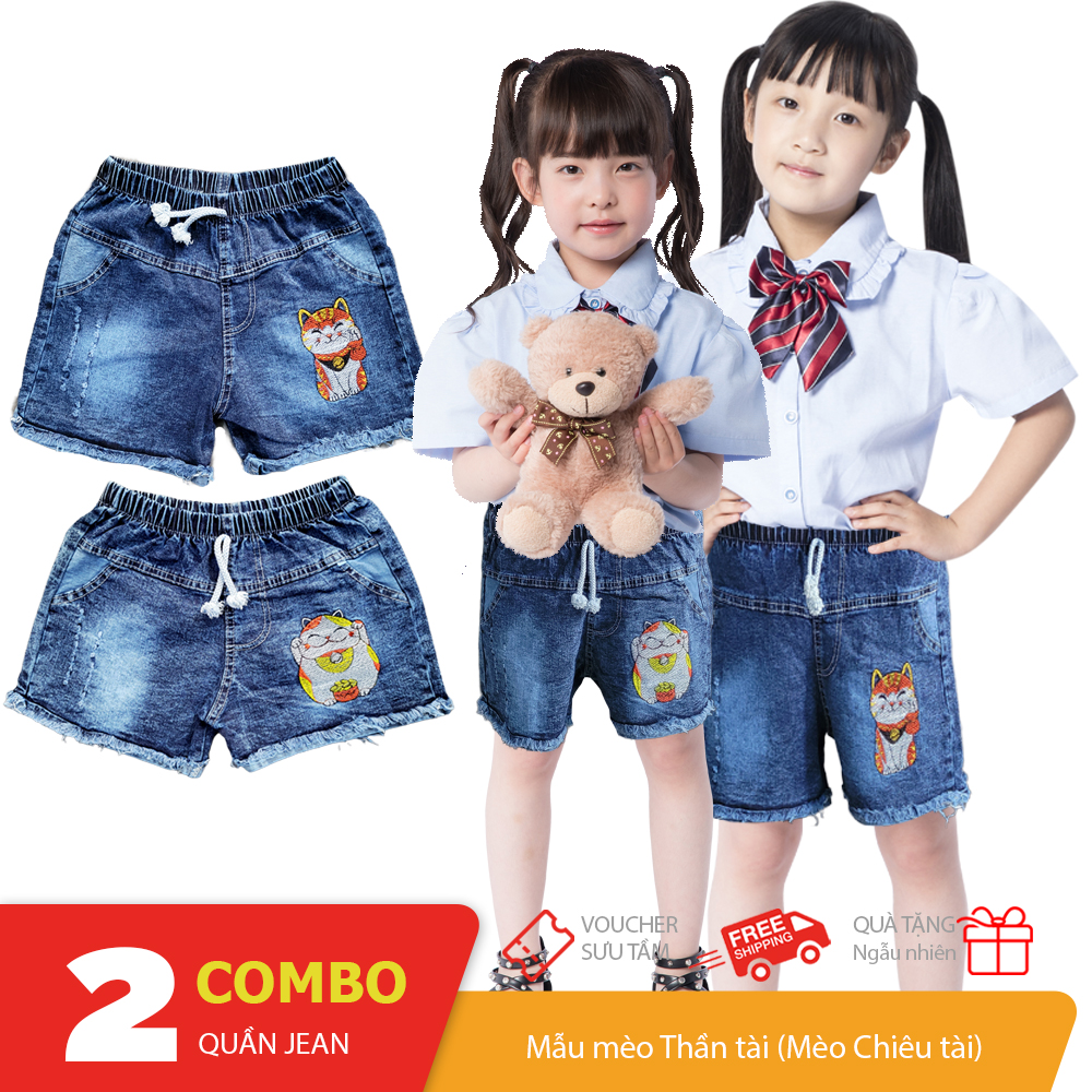 Combo 2 quần short Jean ngắn mẫu mèo Thần Tài bé gái size 25-45kg