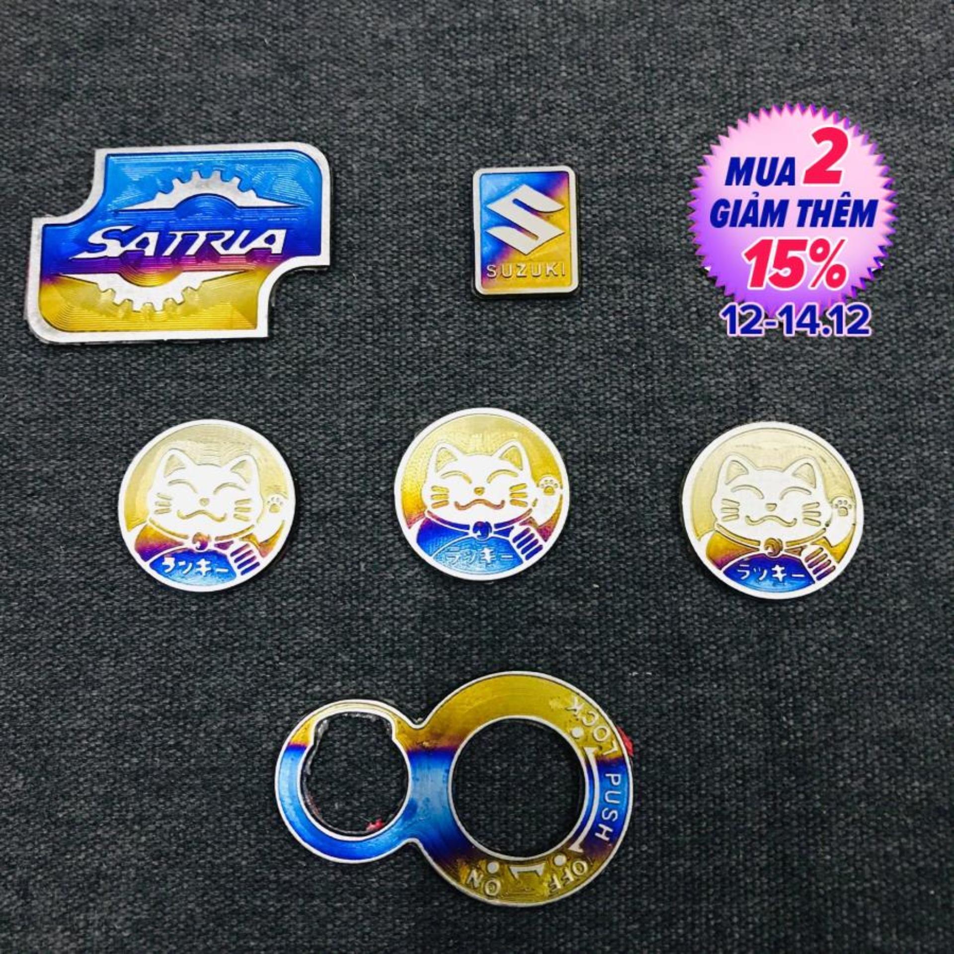 [HCM][COMBO TITAN SATRIA] TRỌN BỘ COMBO SATRIA GỒM NẮP DẦU 2 LOGO SUZUKI 3 MÈO MAY MẮN VÀ CHE Ổ KHÓA FULL TITAN