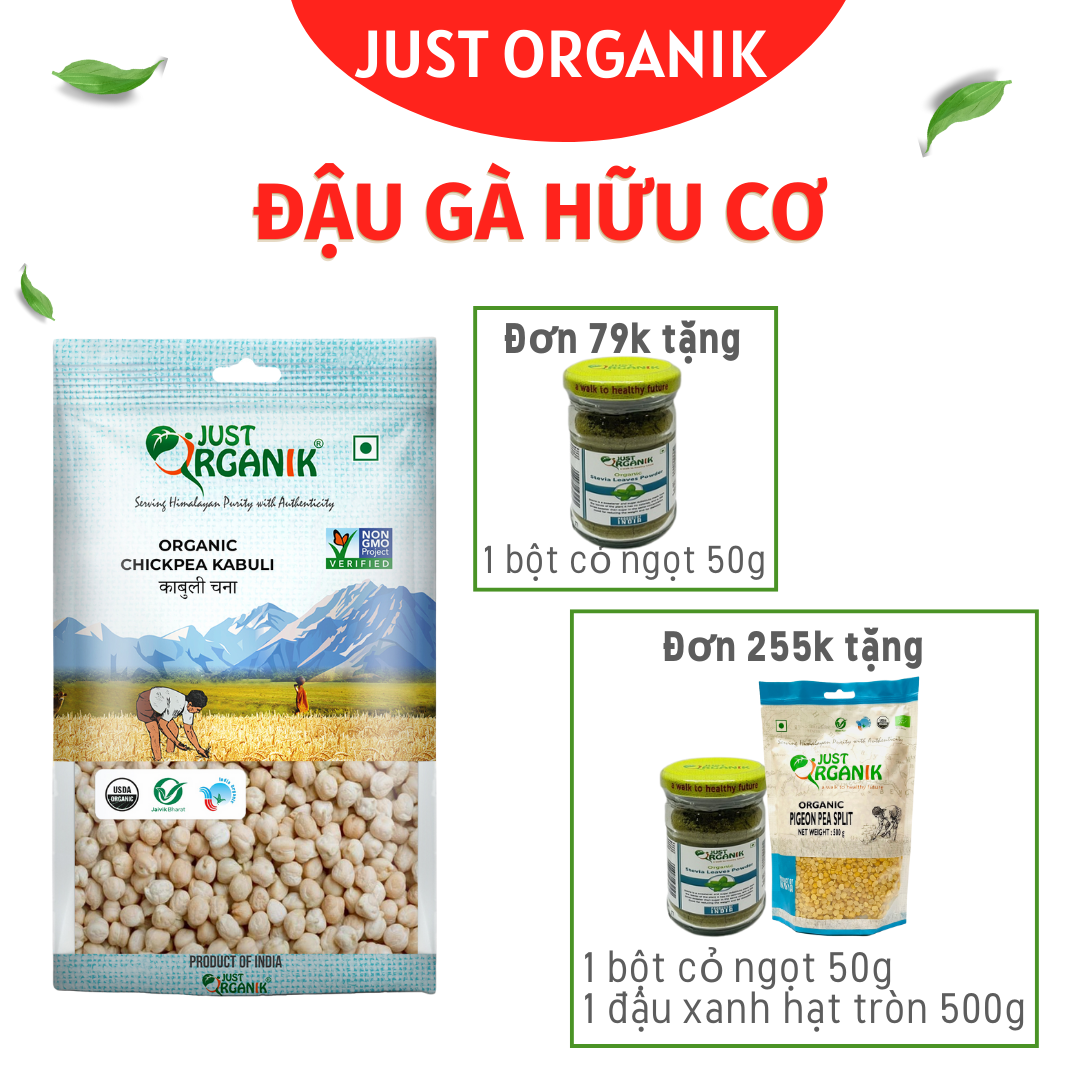 Hạt đậu gà khô trắng hữu cơ just organik organic chickpea nhập khẩu ấn độ ăn dặm cho bé 500g