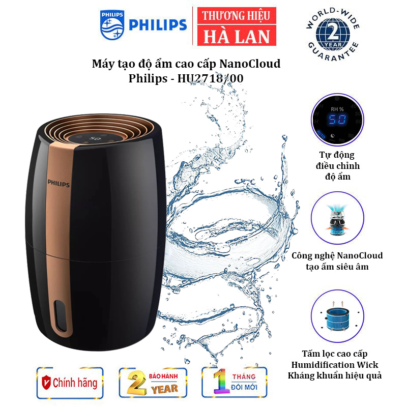 Máy tạo độ ẩm philips hu2718/00 tốc độ tạo độ ẩm 200ml/h - hàng chính hãng