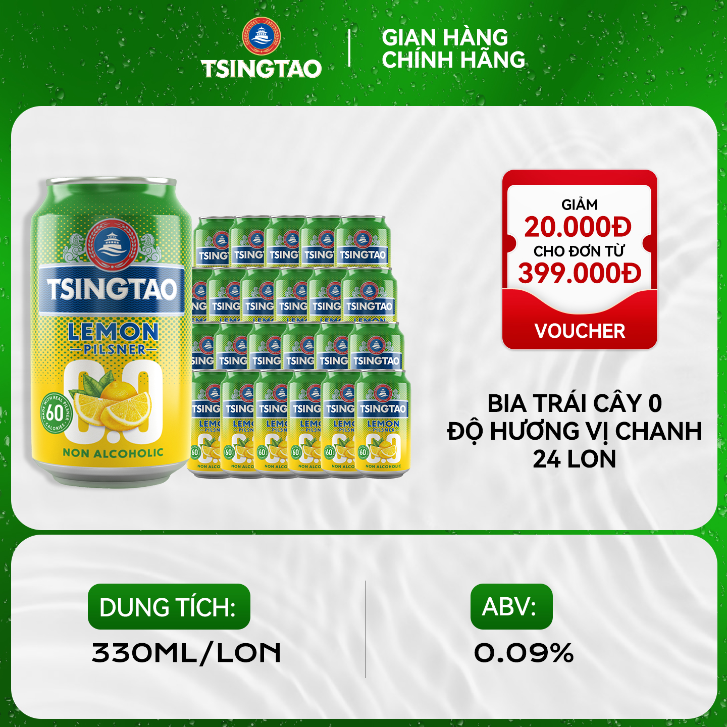 Thùng 24 lon Bia TSINGTAO Lemon 0.0 Nhập khẩu chính hãng (330ml/lon) – Độ cồn 0.09%