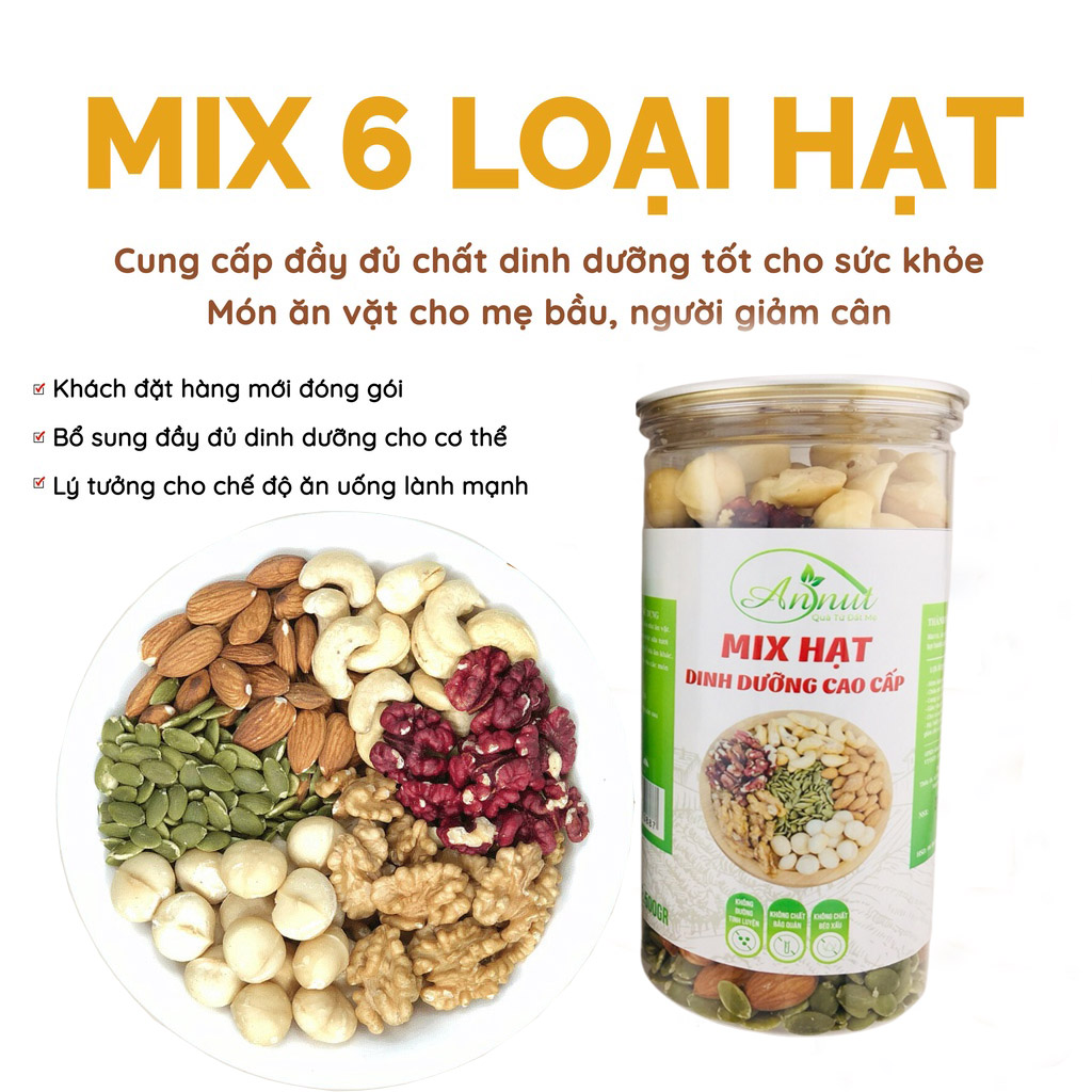 Hạt dinh dưỡng mix 6 loại hạt 500g đã sấy chín ăn liền - hạt nhập khẩu cao cấp siêu ngon