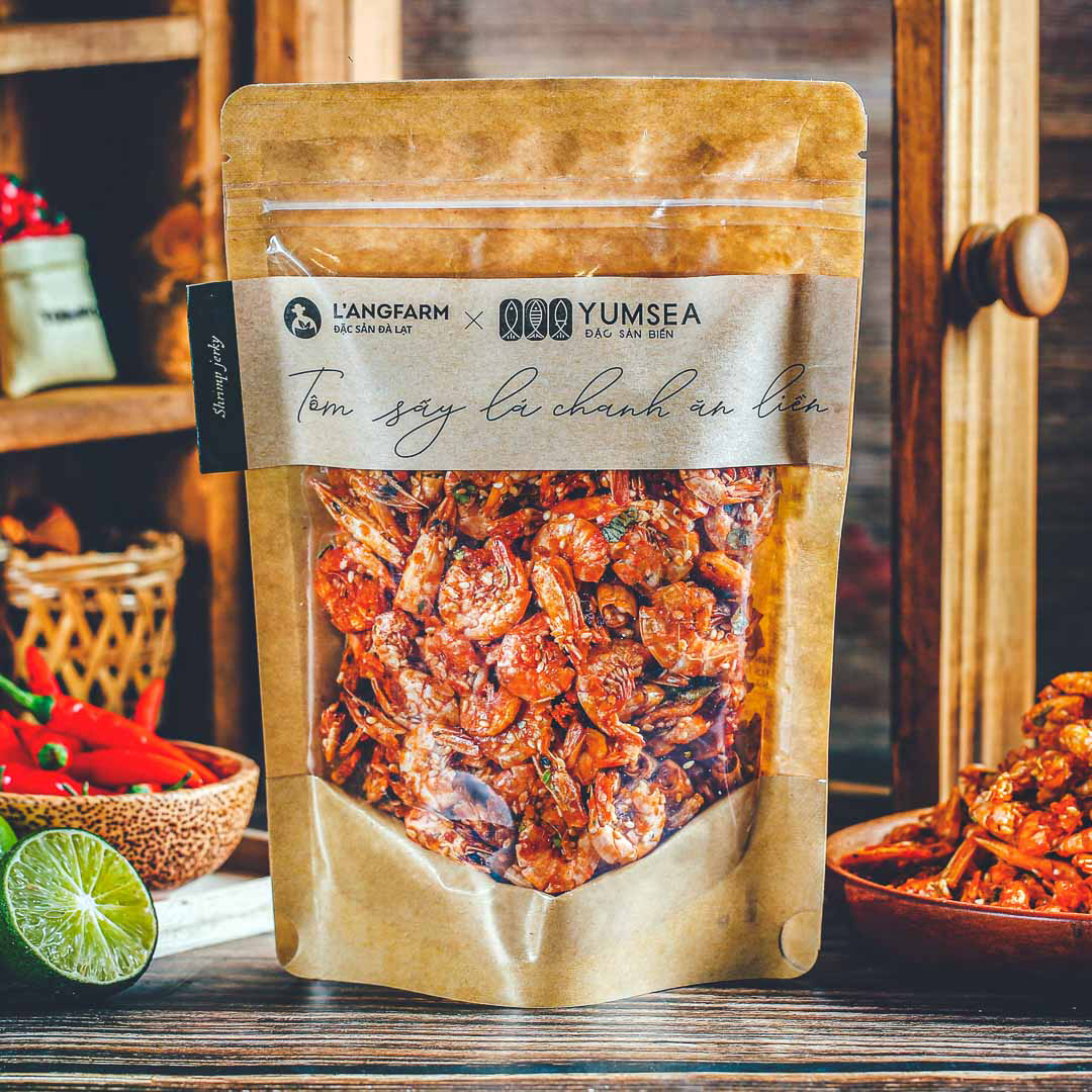 Tôm sấy lá chanh ăn liền Yumsea, 120g, bịch, mẫu kraft 1 mặt trong L'angfarm