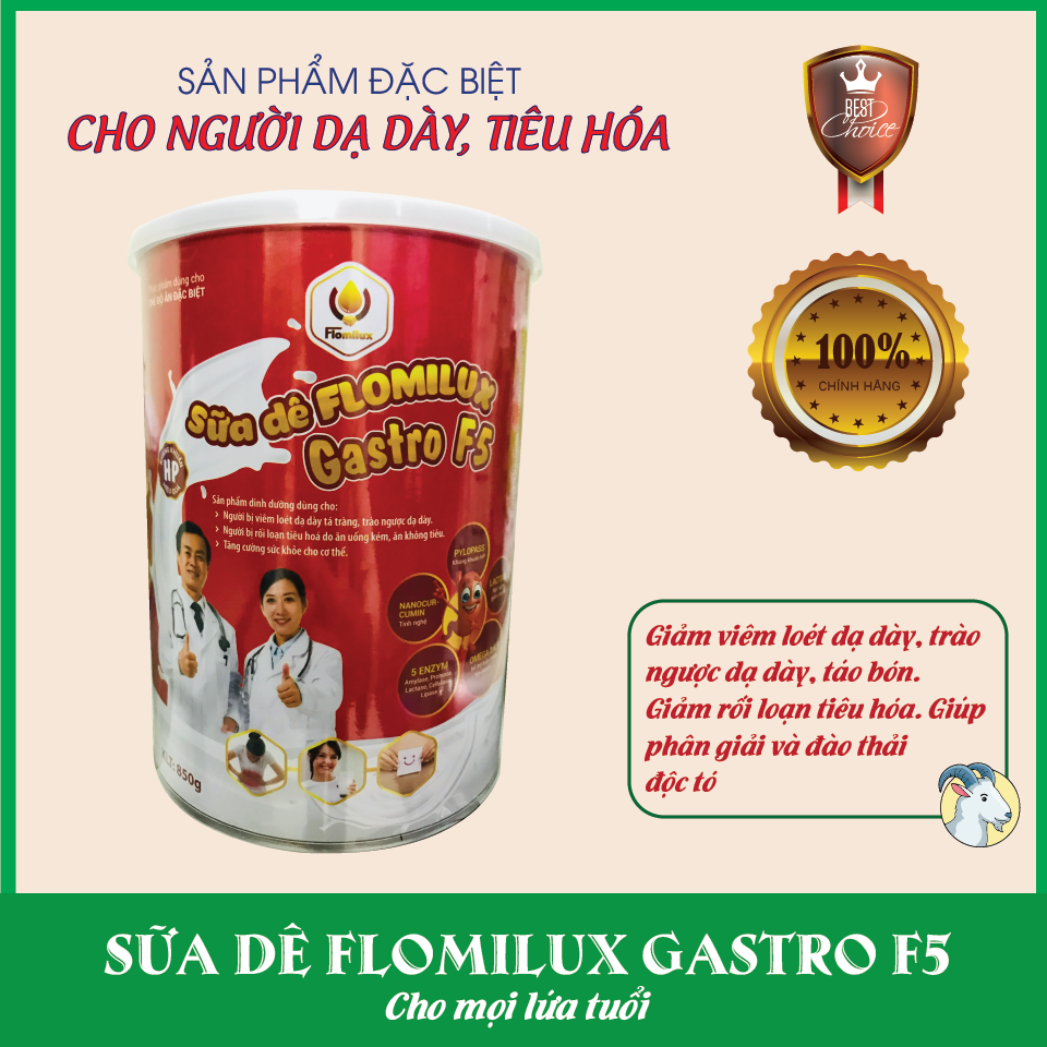 Sữa dê Flomilux Gastro F5 (850g). Dùng cho người Viêm loét dạ dày, Trào ngược dạ dày, Dối loạn tiêu hóa, Ăn uống kém, Tăng cường sức khỏe. Sữa dê nguyên liệu nhập khẩu Hà Lan