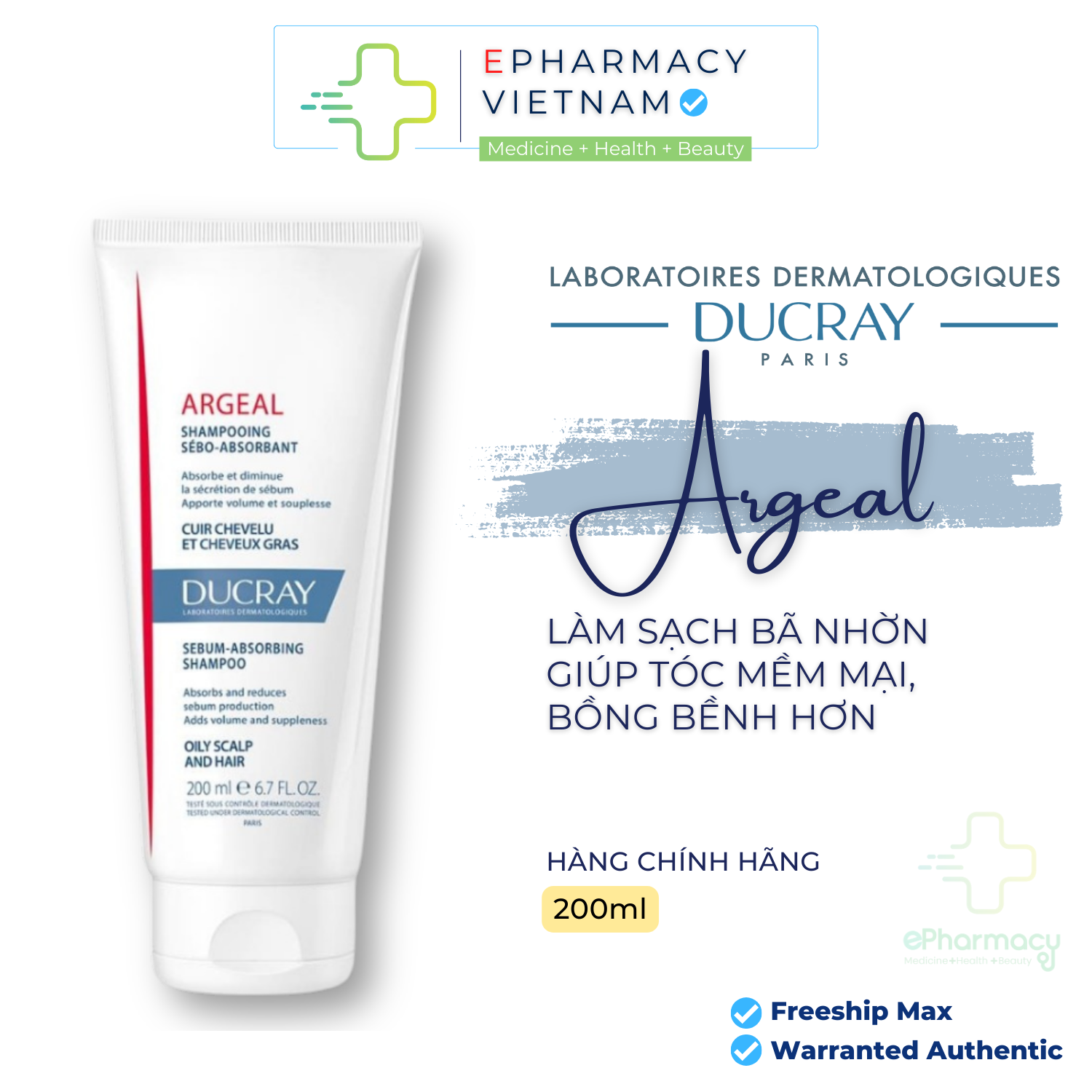 Dầu gội cho da dầu bết DUCRAY ARGEAL Shampooing Sesbo - Absorbant 200ml giúp làm sạch bã nhờn, giảm bết tóc