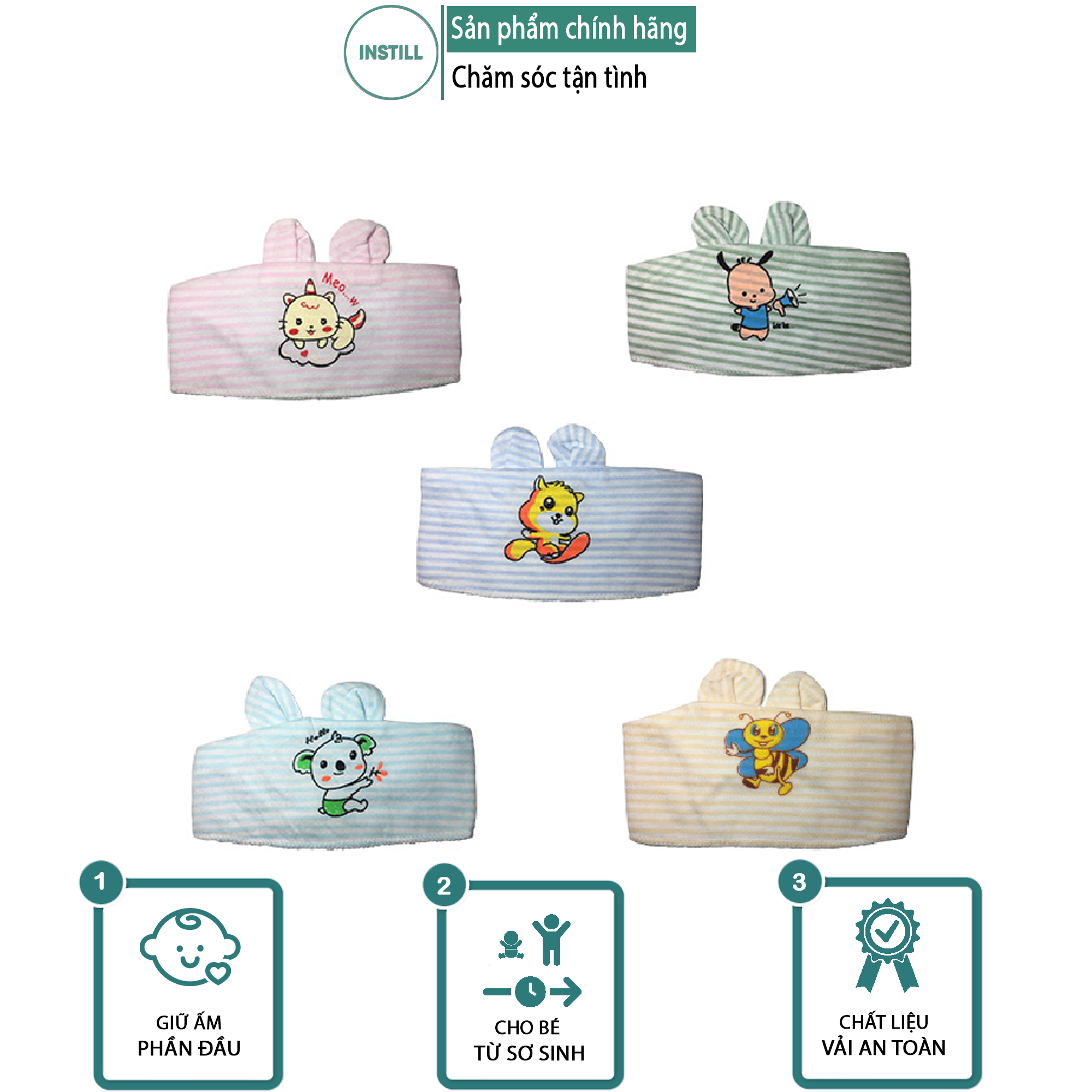 Set 5 mũ che thóp sơ sinh tai thỏ siêu yêu cho bé
