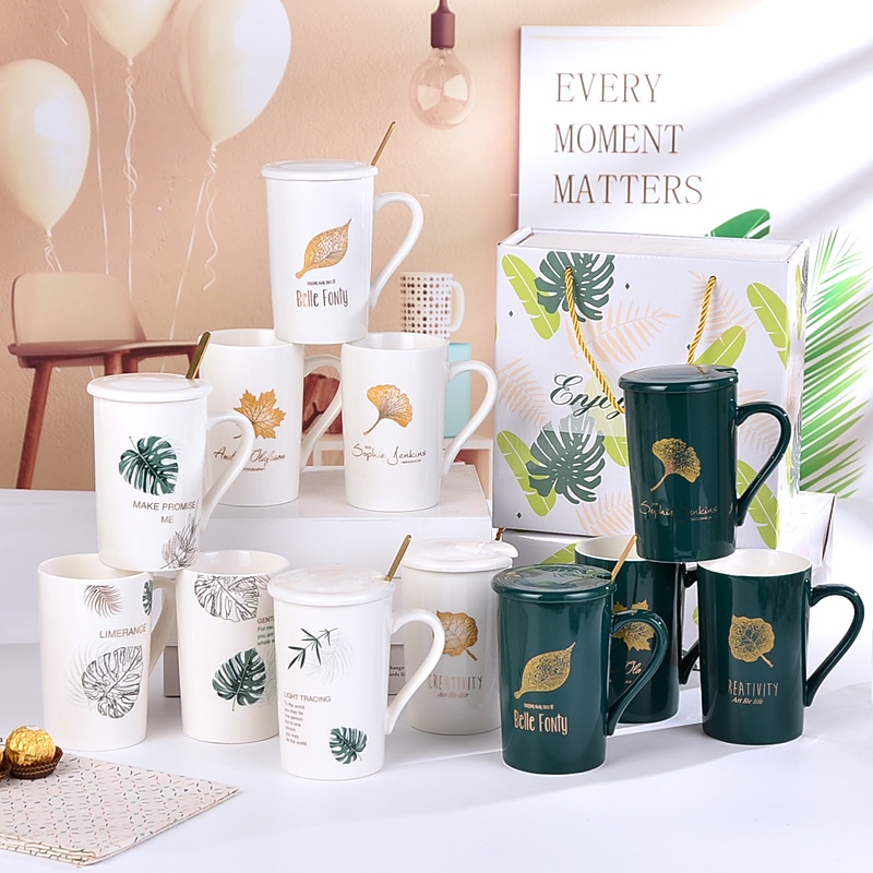 Ly cốc sứ có nắp in hình lá may mắn có hộp quà cực đẹp