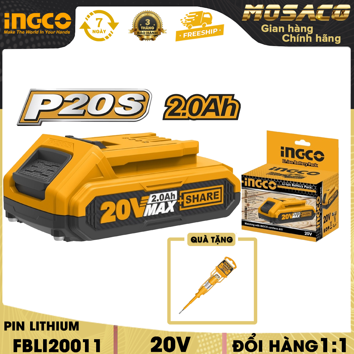 Pin litium ingco fbli20011 20v/2ah. pin pin có đèn led hiển thị dung lượng của pin, phù hợp cho nhiều loại máy ingco 20v - mosaco
