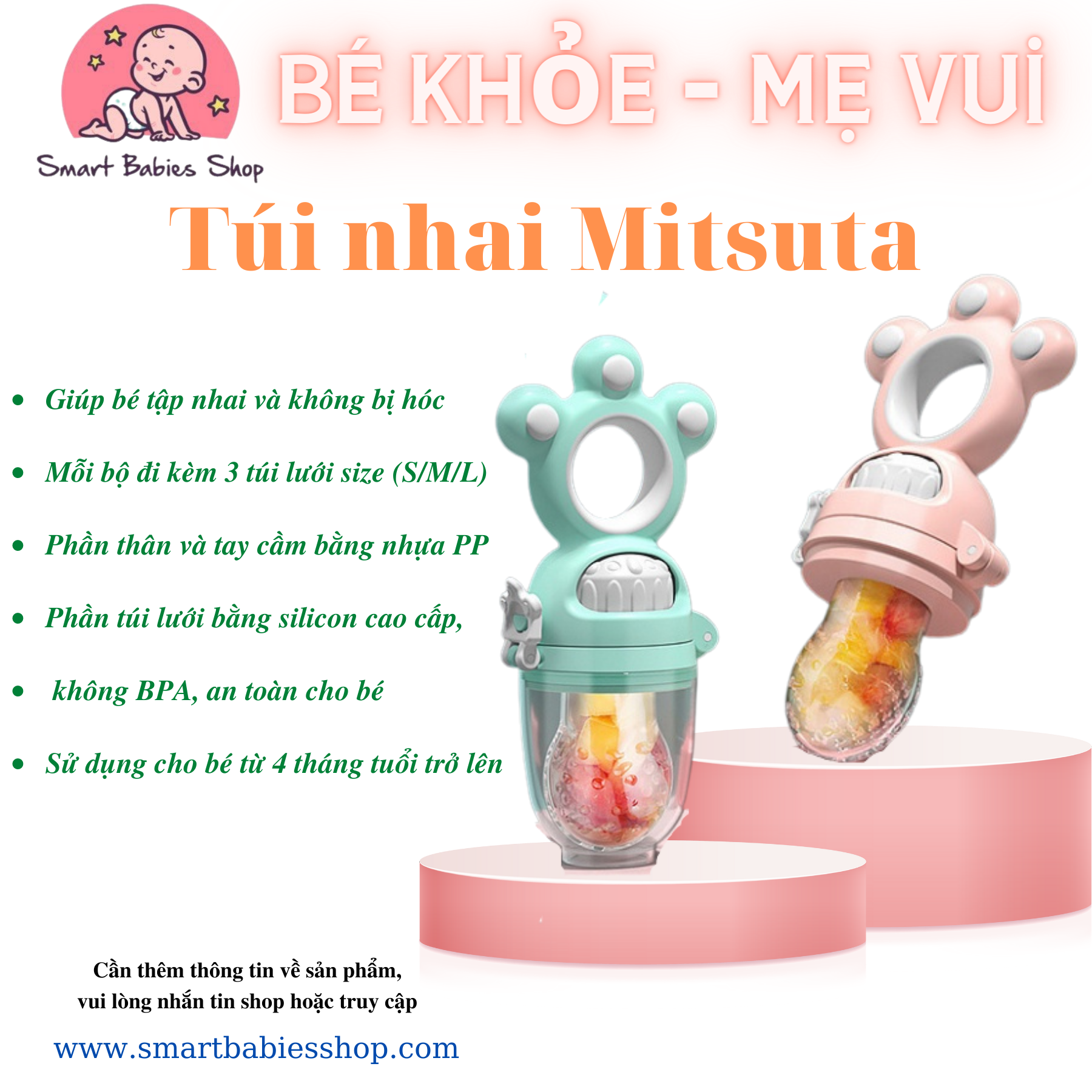 Túi nhai ăn dặm misuta chống hóc cho bé tập ăn hoa quả núm nhai ăn dặm có núm đẩy tặng 2 size núm