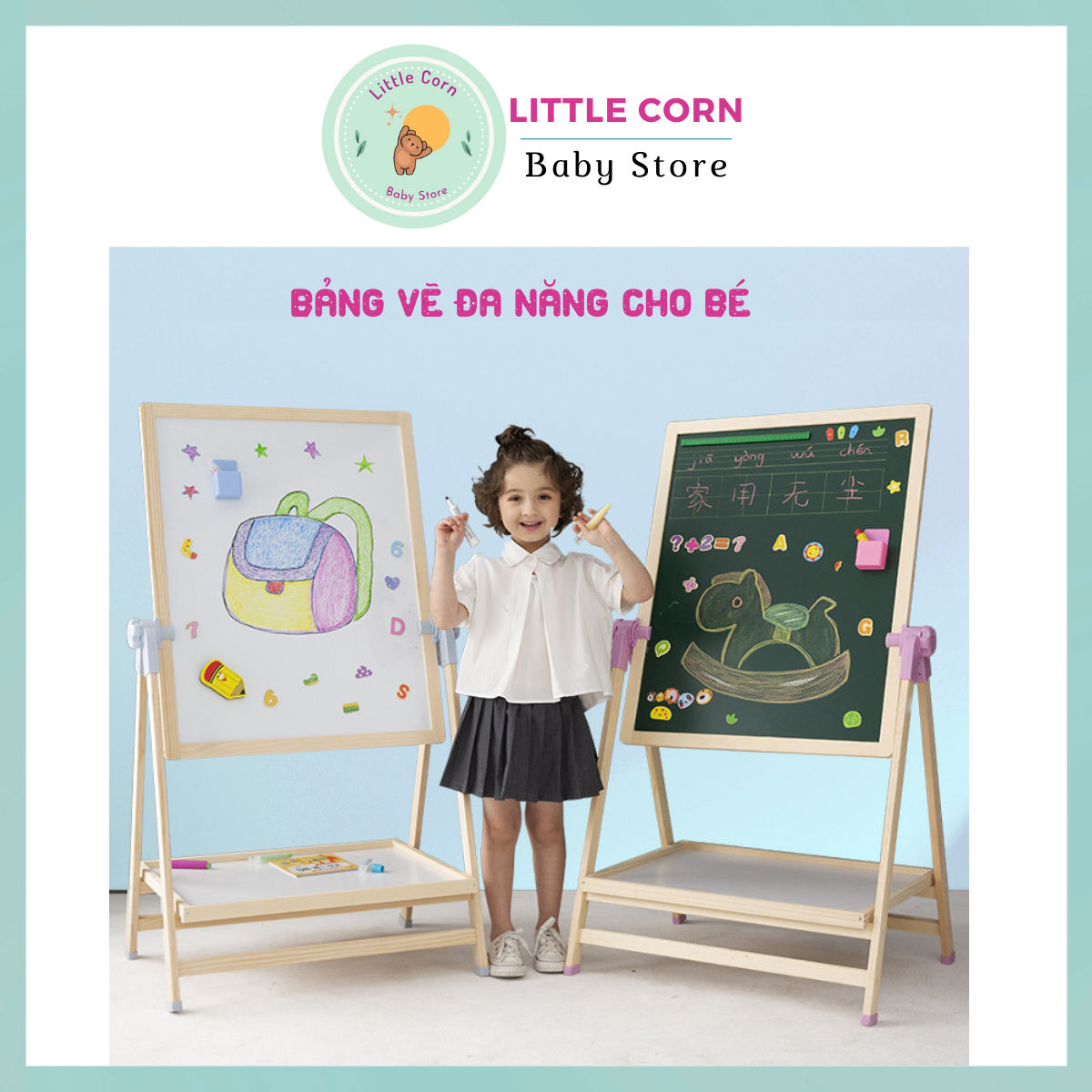 Bảng vẽ cho bé GỖ CAO CẤP, Bảng vẽ 2 mặt từ tính tích hợp làm bàn để đồ chơi, Bảng viết không bụi cho bé