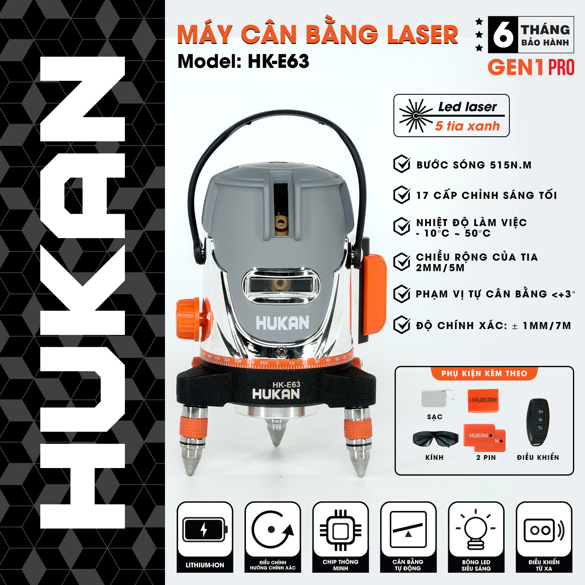  Máy Cân Bằng Lazer 5 Tia Xanh Hukan HK- E63 Bóng Led Siêu Sáng Bảo Hành 6 Tháng 